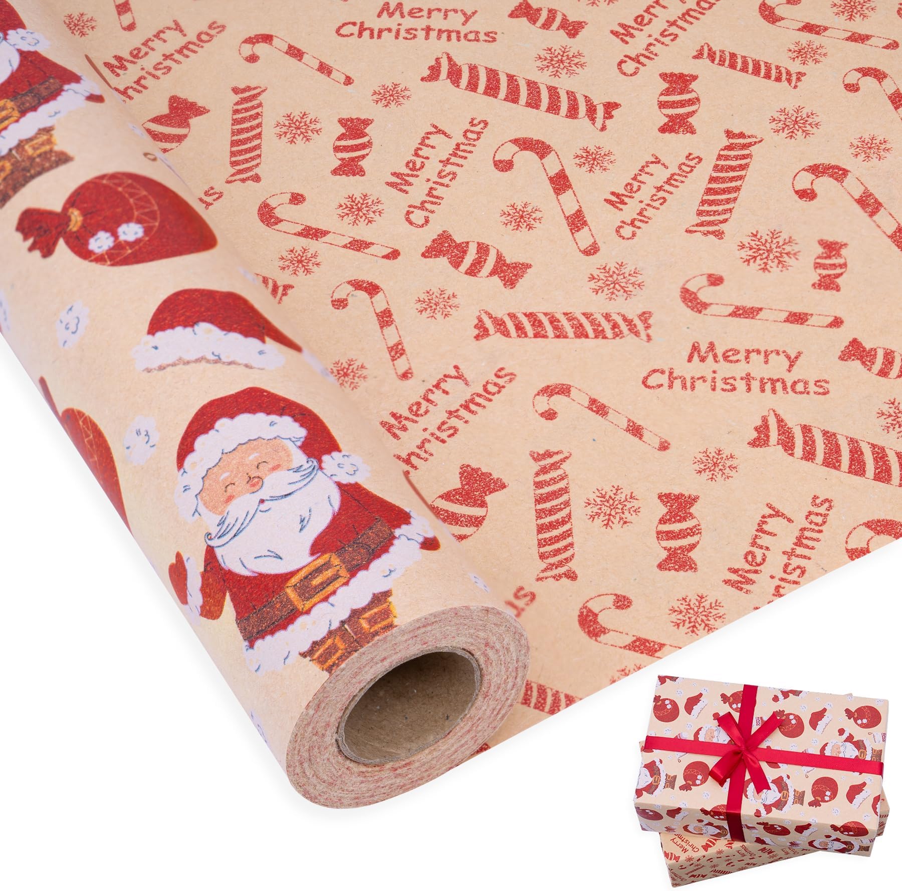 Christmas Wrapping Paper Roll, Reversible Santa & Candy Cane Pattern, Red and Brown Kraft Gift Wrapping Paper, Double-Sided Xmas Gift Wrap for Holiday Party, 17 In x 32.8 Ft (46.45 sq.ft.)