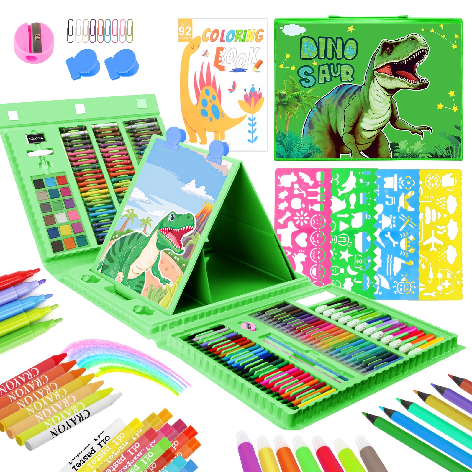 homicozy Art Supplies for Kids Ages 4-12,Dinosaur Drawing Sets Art Case,Coloring Kits with Double Sided Trifold Easel,Crayon,Colored Pencil,Marker,Coloring Book,Drawing Stuffs Gifts for Boys Age 4-6-8