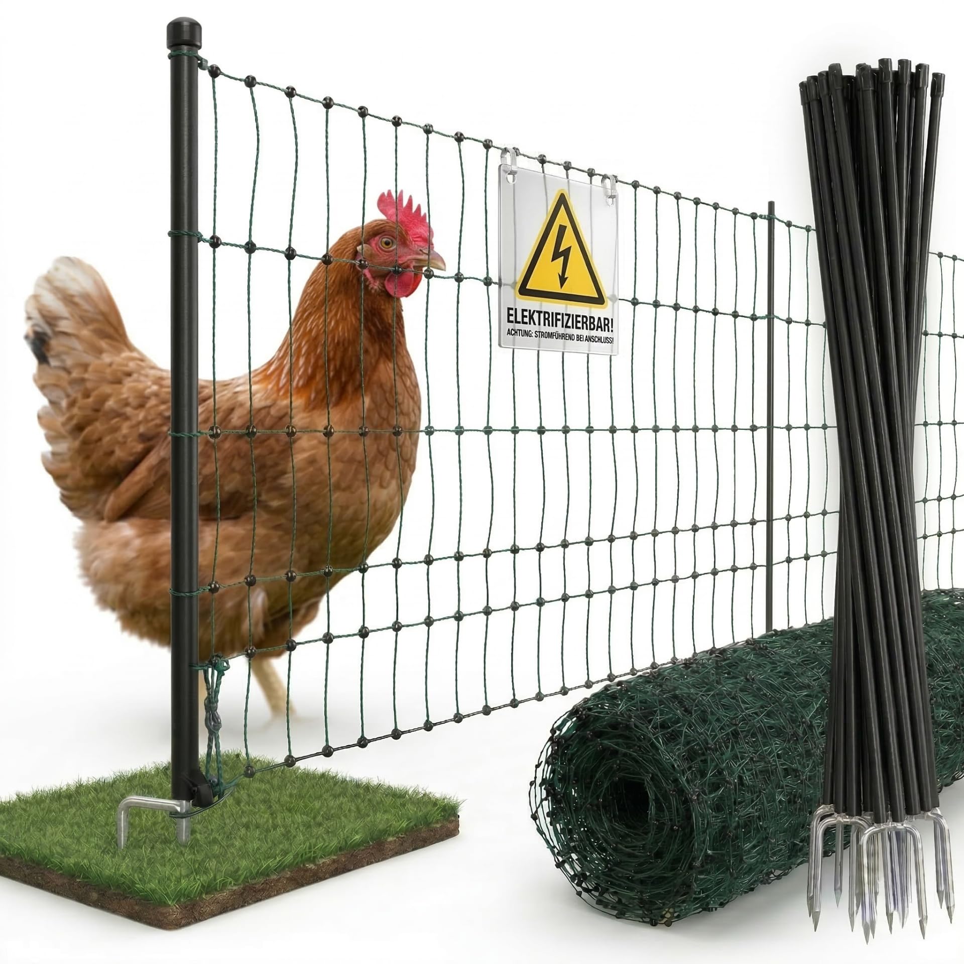 Agrarzone Rete per pollame Classic elettrificabile, Doppia Punta, Verde 50 m x 112 cm - Robusta per polli, Cani e Gatti - Facile da installare con 15 Pali e Kit di Riparazione