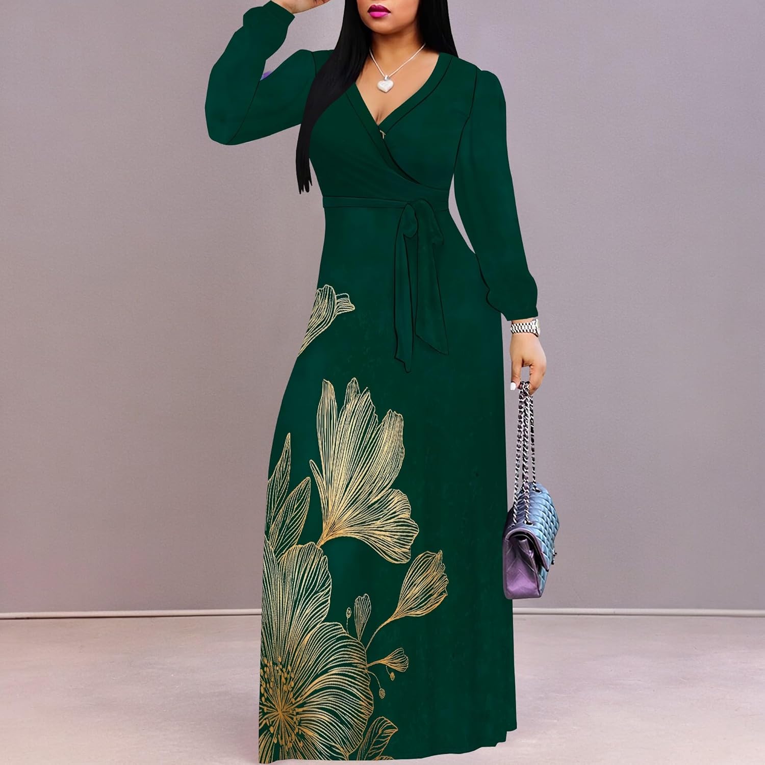 PinkPatty Women's Long Sleeve Maxi Dress Plus Size Casual V Neck Wrap Dress with Pockets&Belt XL - Image 5