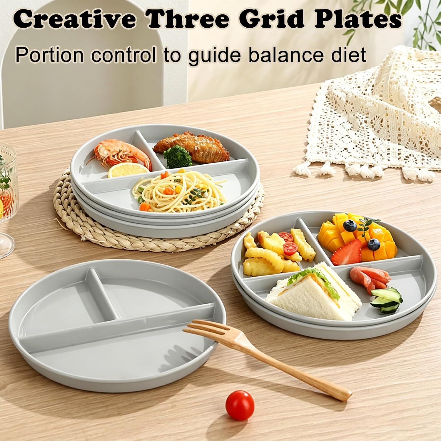 9" Unbreakable Divided Plates Set of 4, 3 Compartment Portion Control Plate, Reusable Wheat Straw Plates Lightweight Dinnerware, Round Bariatric Plastic Dinner Plate for Healthy Eating (4 Colors)