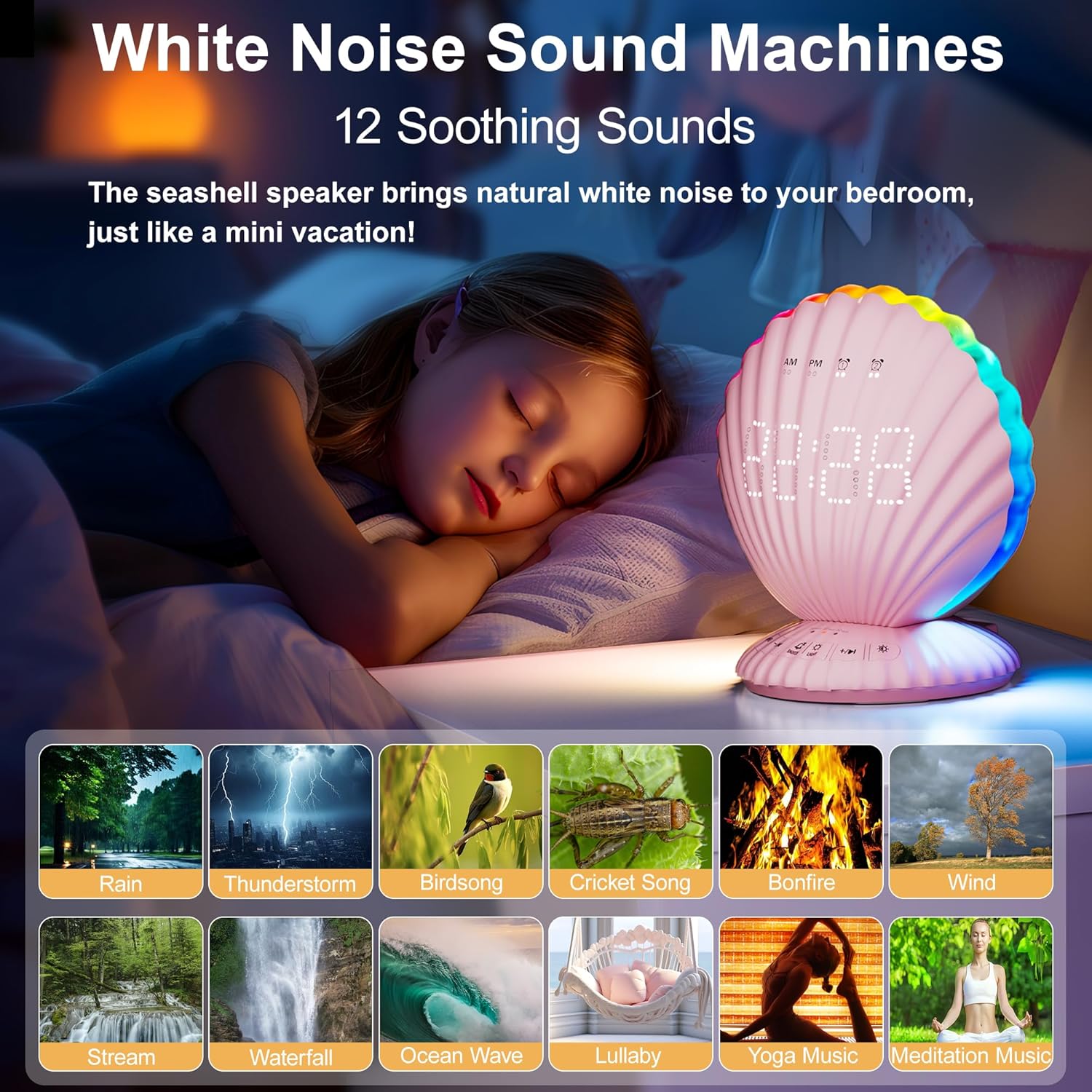Loud Alarm Clock for Heavy Sleepers - Portable Bluetooth Speaker with White Noise Machine, RGB Night Light with Music Sync, Digital Clock for Bedroom Decor, Ideal Gift for Teens Adults (Pink)