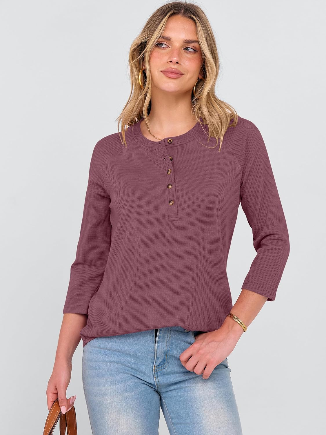 ANRABESS Women's 3/4 Sleeve Waffle Knit Tops V Neck Dressy Casual Button Loose Henley Shirts 2026 Spring Basic Tee Blouse - Image 3