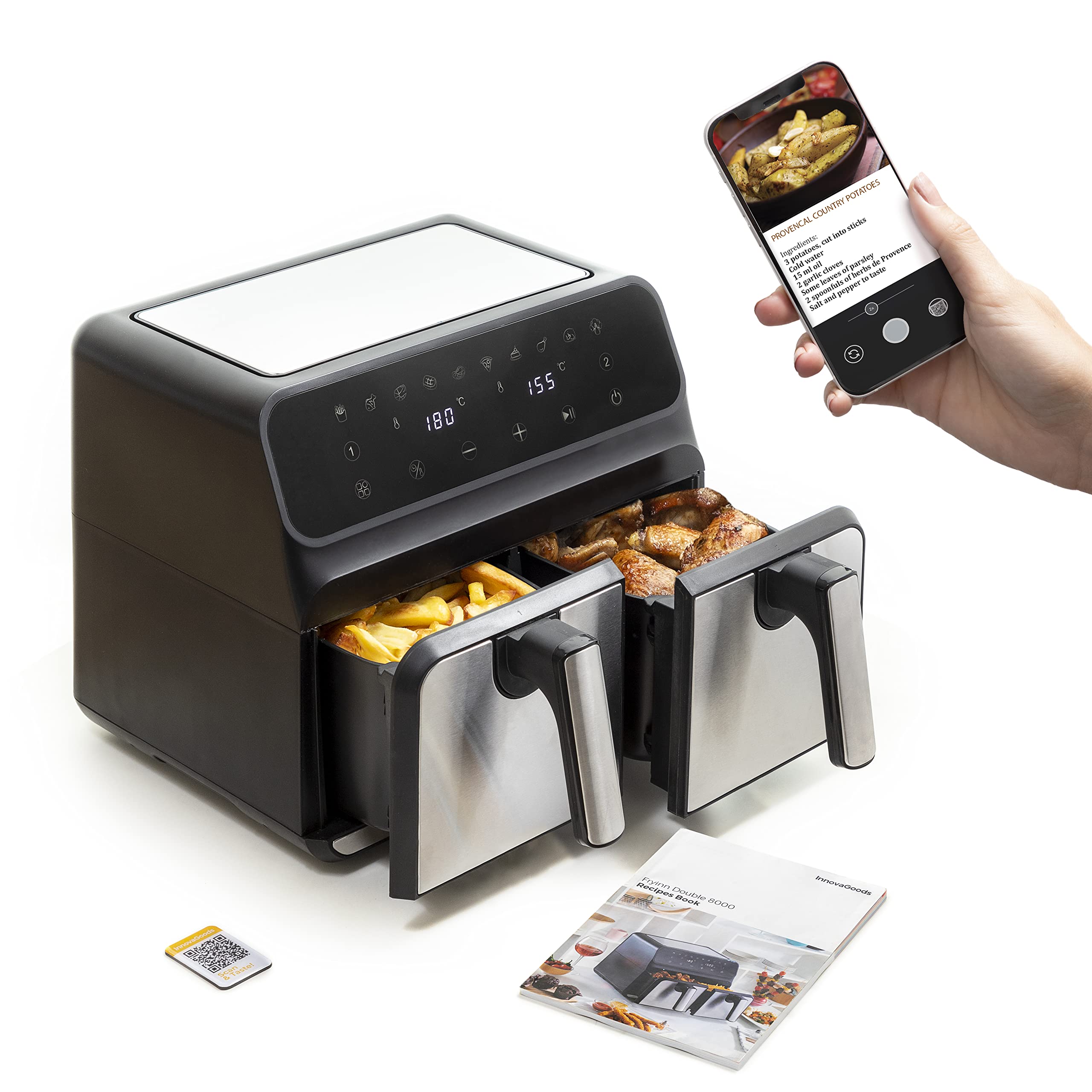 InnovaGoods® Freidora sin Aceite 8L, air fryer 3400W, 100 recetas en ES, freidora aire con 10 programas, pantalla táctil, temporizador y flujo de aire 360° airfryer 2 zonas de cocción independientes