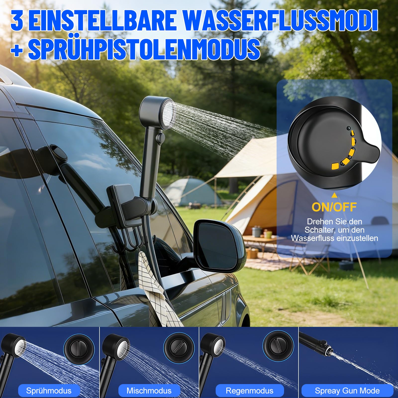 Campingdusche Set mit Heizfunktion, IPX8 Outdoor Dusche 8000mAh Akku-Wasserpumpe mit Smart Display, Duschkopf mit Filter, 2m Schlauch, faltbarer Wasserbehälter, mobile Dusche für Camping & Wohnmobil
