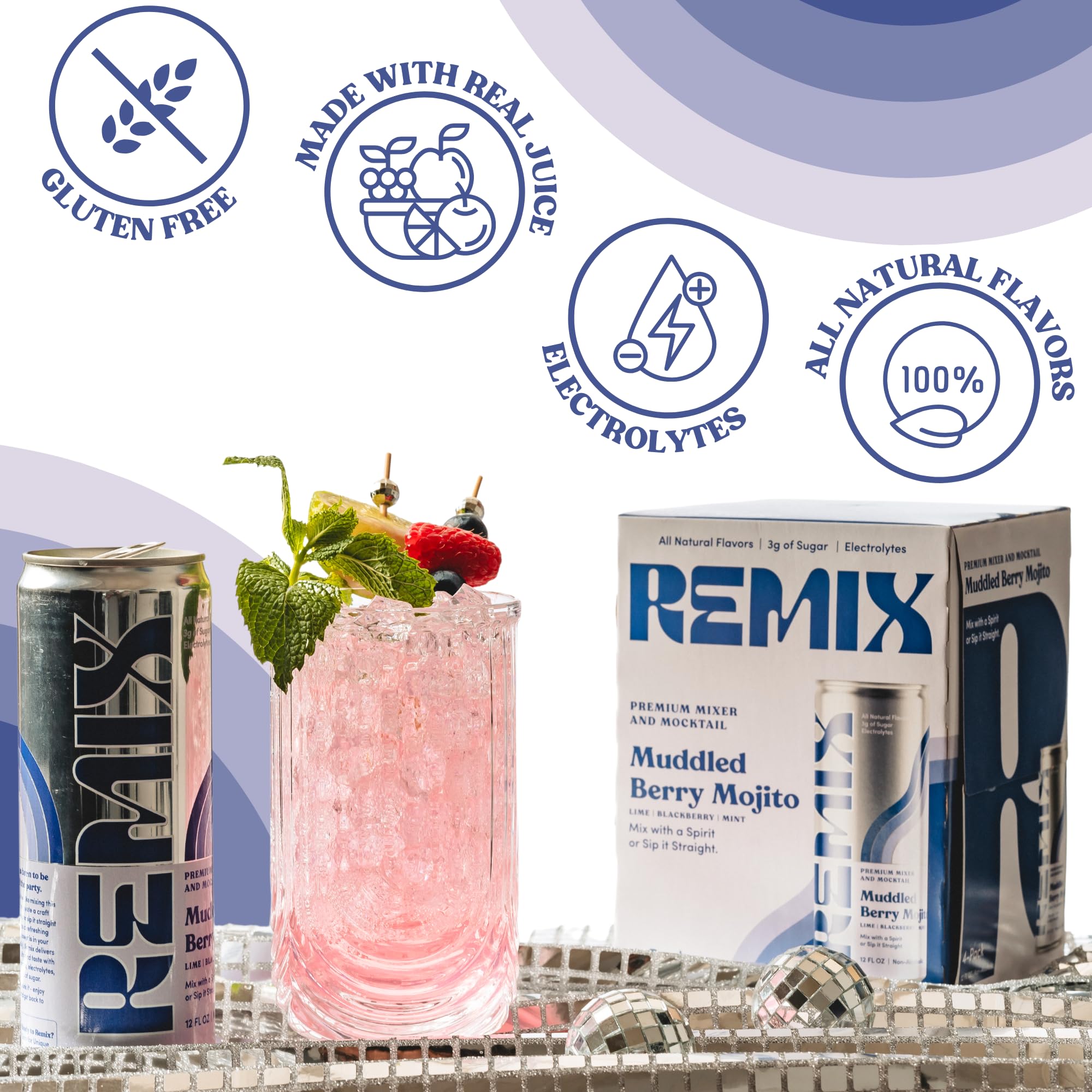 Remix Non-Alcoholic Drinks & Mocktails - Alcohol Replacement Beverage with All-Natural Flavors, Real Juice & Electrolytes - Low Sugar & Calorie Non-Alcoholic Spirits (4 Pack, Muddled Berry Mojito)
