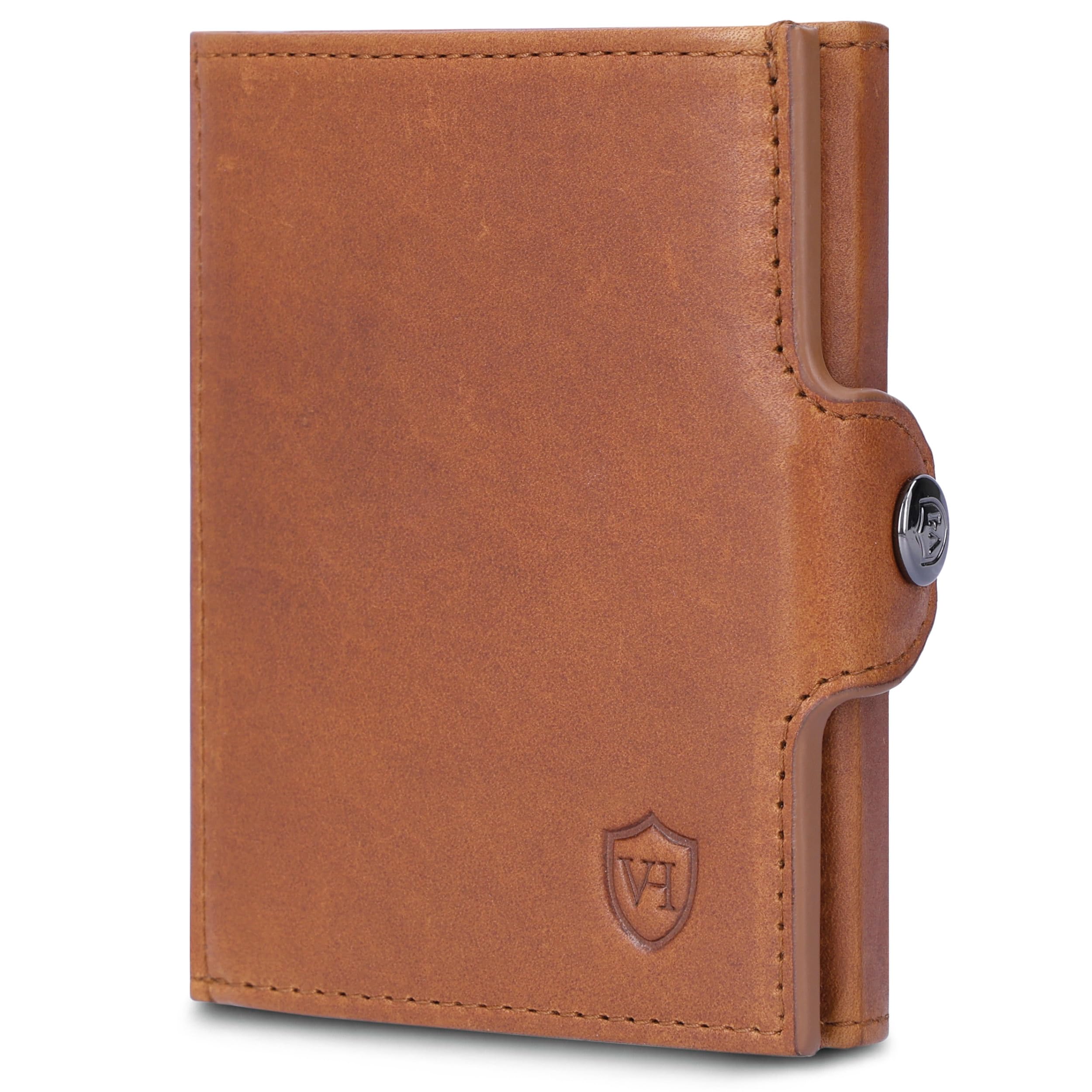 VON HEESEN Slim Wallet mit Münzfach & RFID-Schutz - Mini Geldbörse Herren & Damen - Kartenetui Kreditkartenetui - Portmonee Geldbeutel Portemonnaie klein (Cognac Waxy)