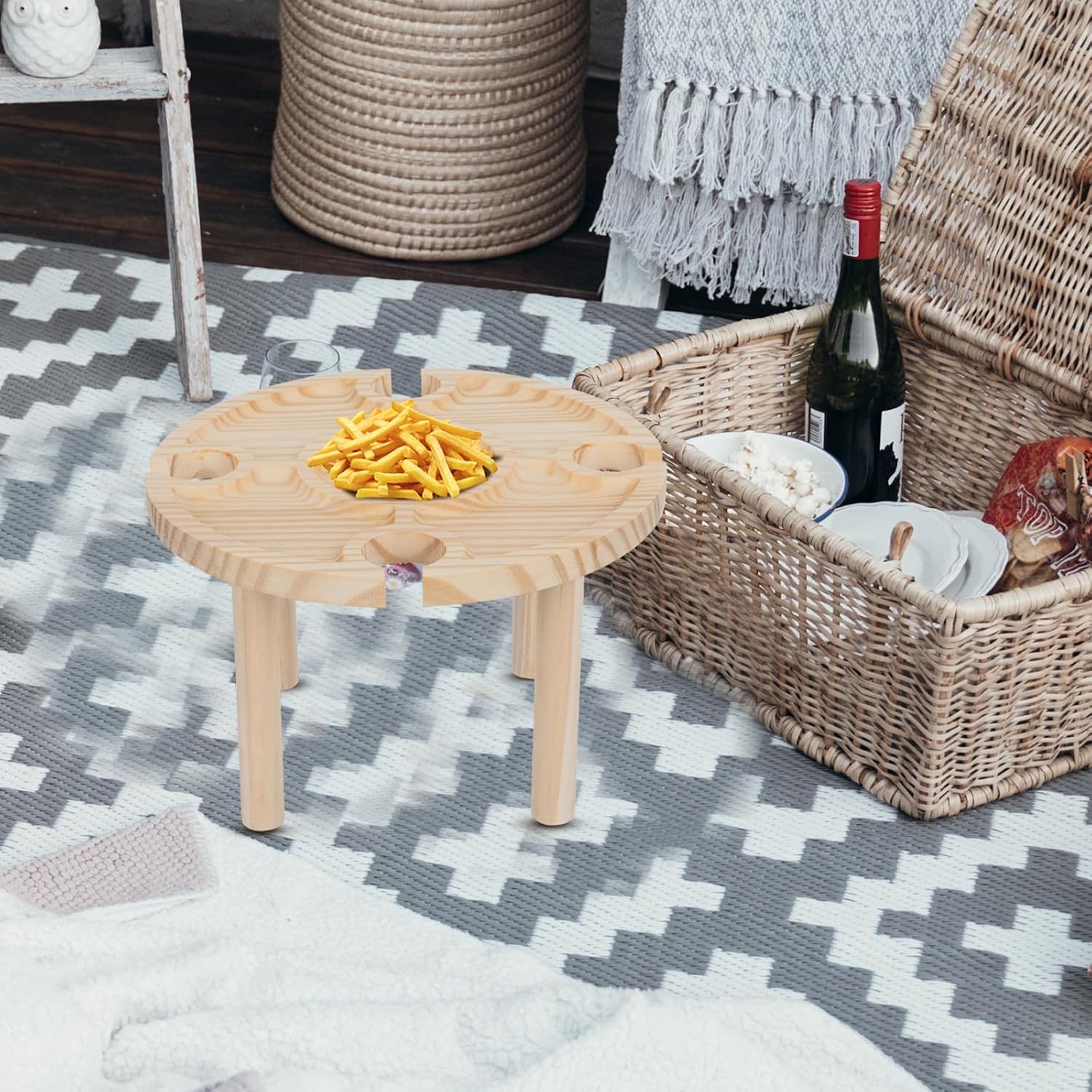 Portable Wooden Wine Table for Outdoor Picnic Small Round-Leg Wooden Dining Table 24x15 Inches with Wine Rack for Camping and Patio Use image 5