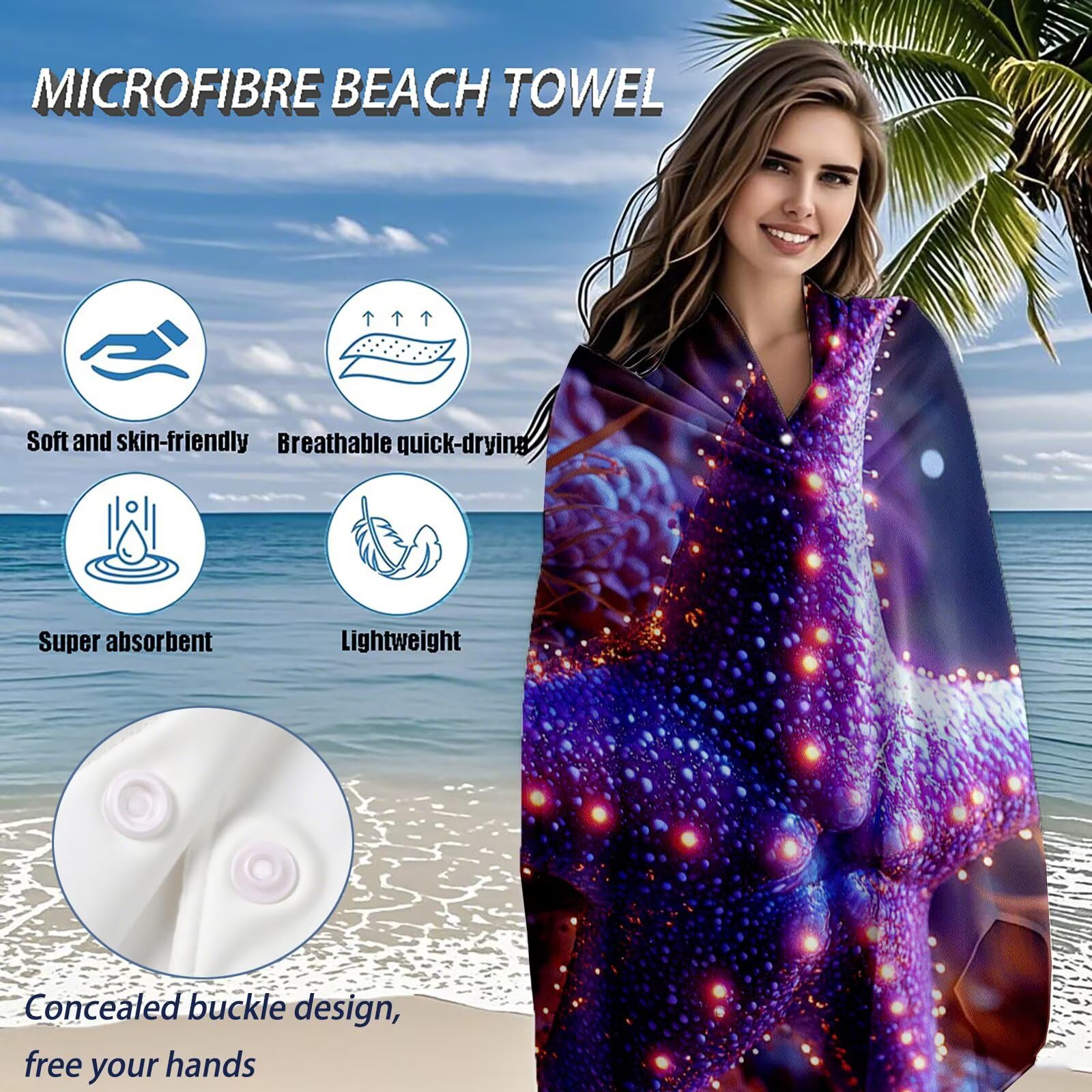 Serviette de Plage XXL 100x200 cm,Étoile de mer Serviette Plage Microfibre avec Séchage Rapide Anti-Sable Absorbante Fonction Design pour Vacances Piscine Pique-Nique Voyages Yoga, Cadeau Femme Q-872