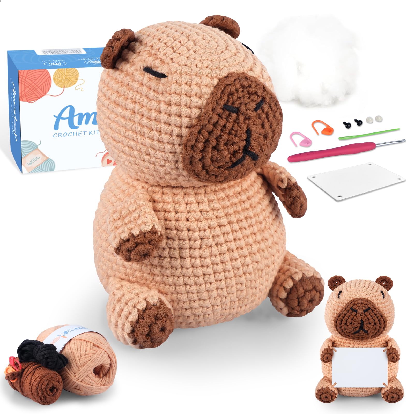 Kit de ganchillo para principiantes: bonito kit de animales de ganchillo Capybara con hilo fácil preiniciado, tutoriales en video paso a paso para adultos y niños, incluye tarjeta positiva para