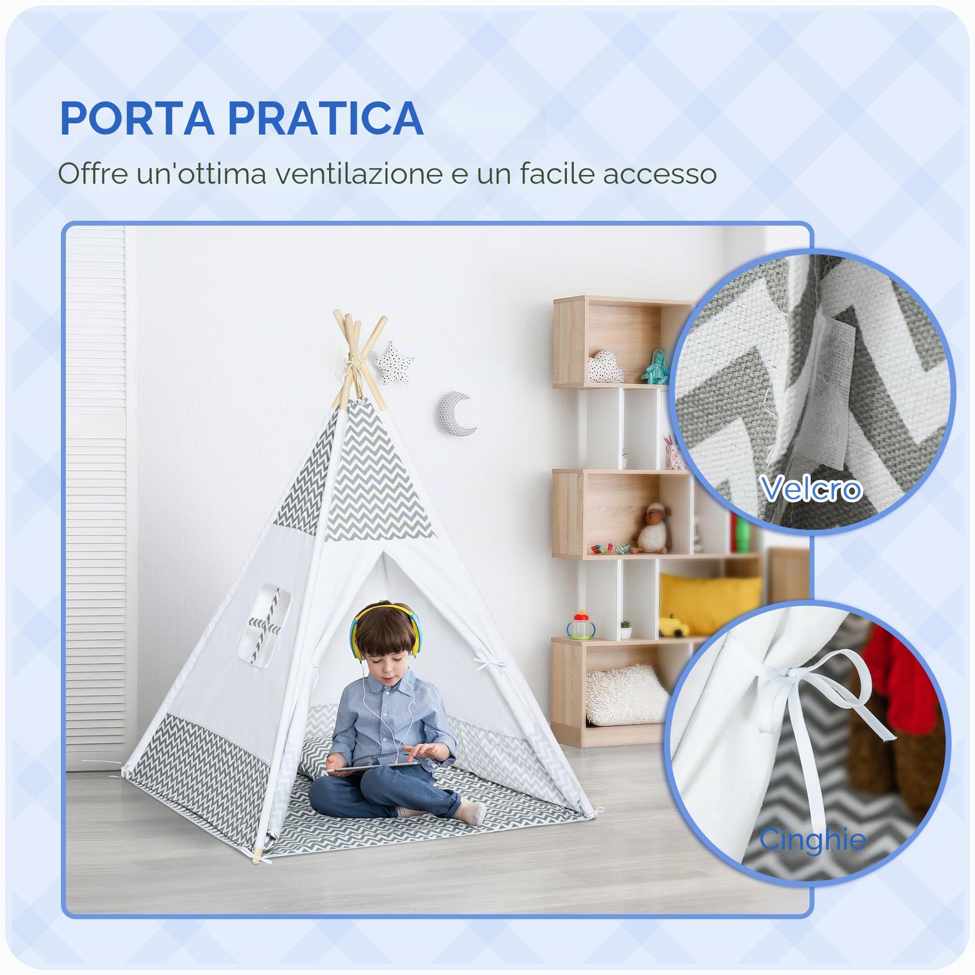 HOMCOM Tipi indiano tenda da gioco 1.2L x 1.2W x 1.55H m Grigio Bianco