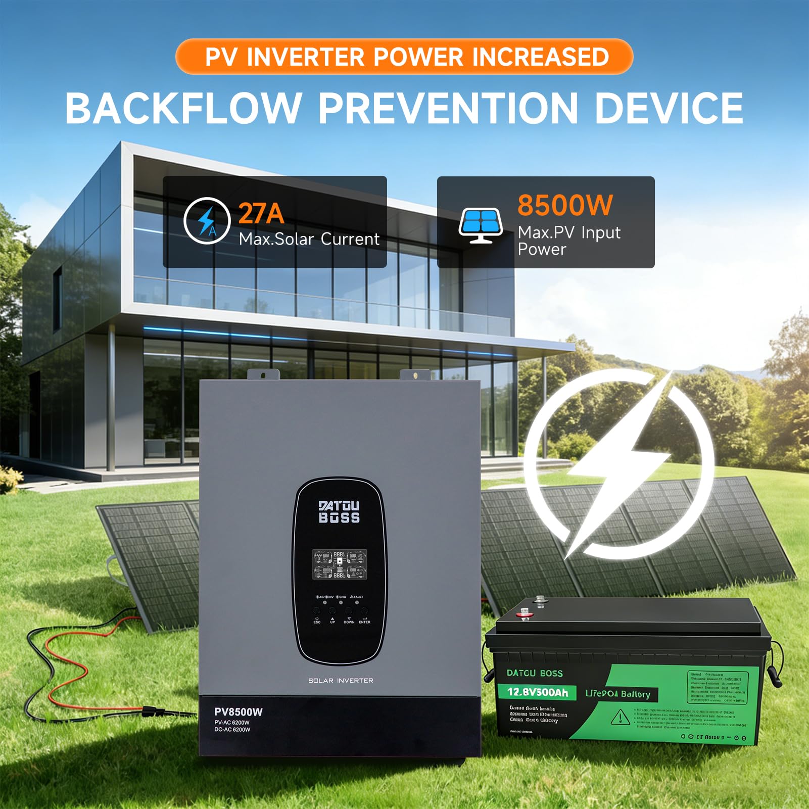 DATOUBOSS Hybrydowy falownik solarny 6200 W, 48 V, czysty inwerter sinusoidalny 120 A MPPT, zero eksport z czujnikiem CT w zestawie, praca bez baterii, do akumulatorów litowych 48 V, system Off-Grid