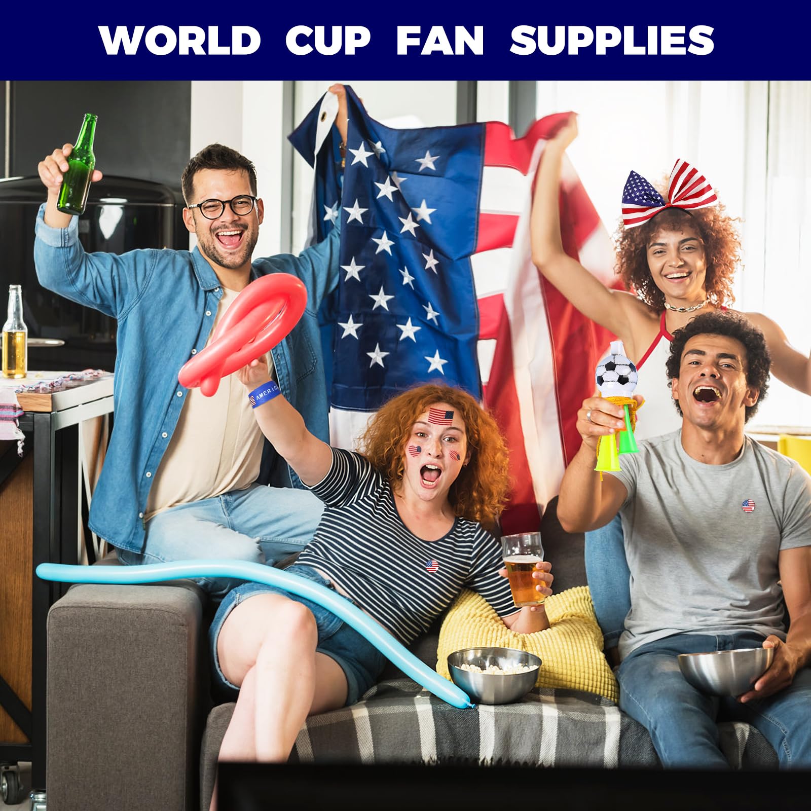 Bekecidi Set di 15 pezzi di accessori per fan della Coppa del mondo di calcio 2026 USA, braccialetti a schiaffo, tatuaggi, fischietti, bandiere, pompon, fasce per capelli, spille per feste di calcio