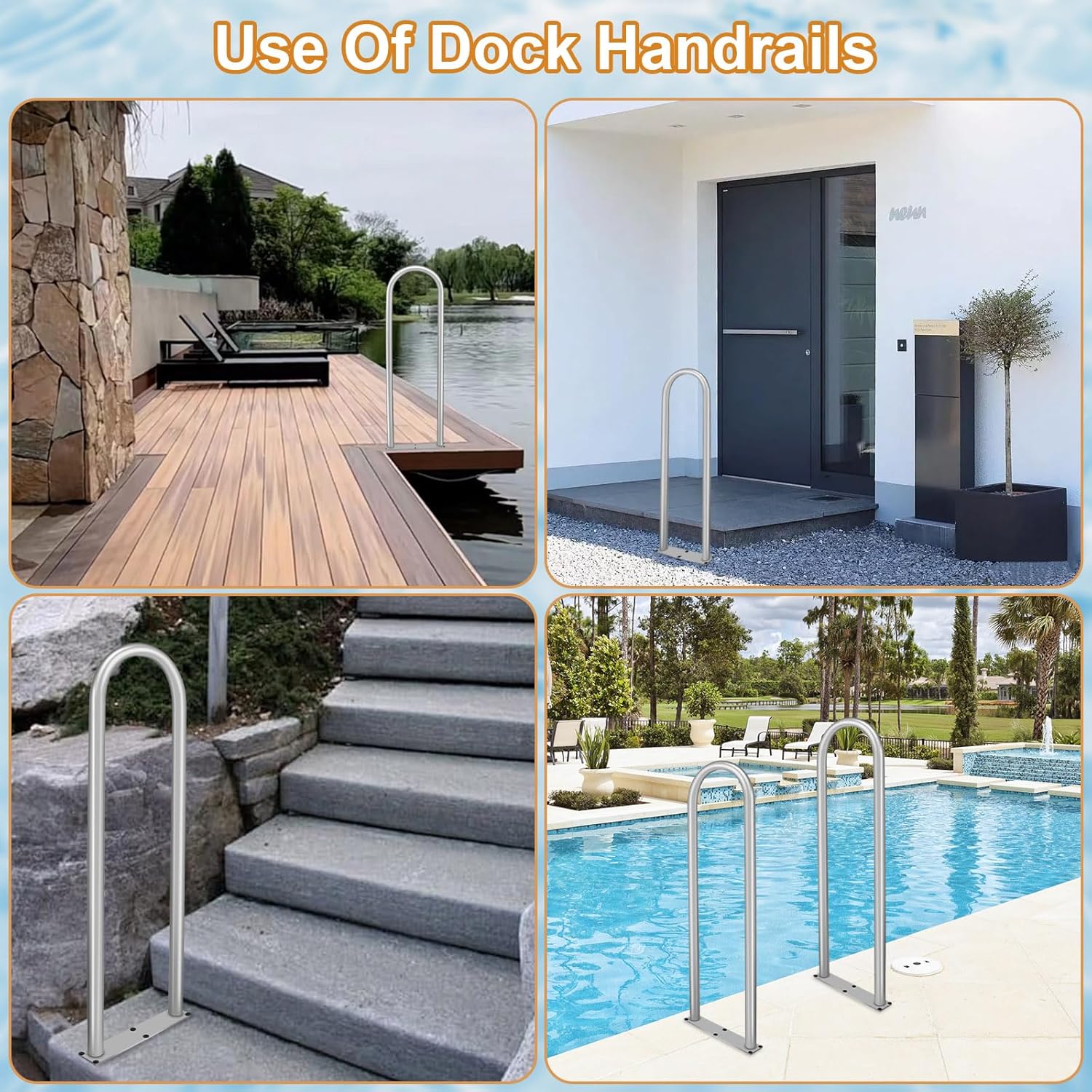 Aluminum Dock Boarding Handrail, 36" x 13" Swimming Pool Railing & Hot Tub Handrail, Boat & Dock Boat Safety Grab Bar, Handrails for Outdoor Steps with Base Plate for Indoor/Outdoor Pools/Spas Docks