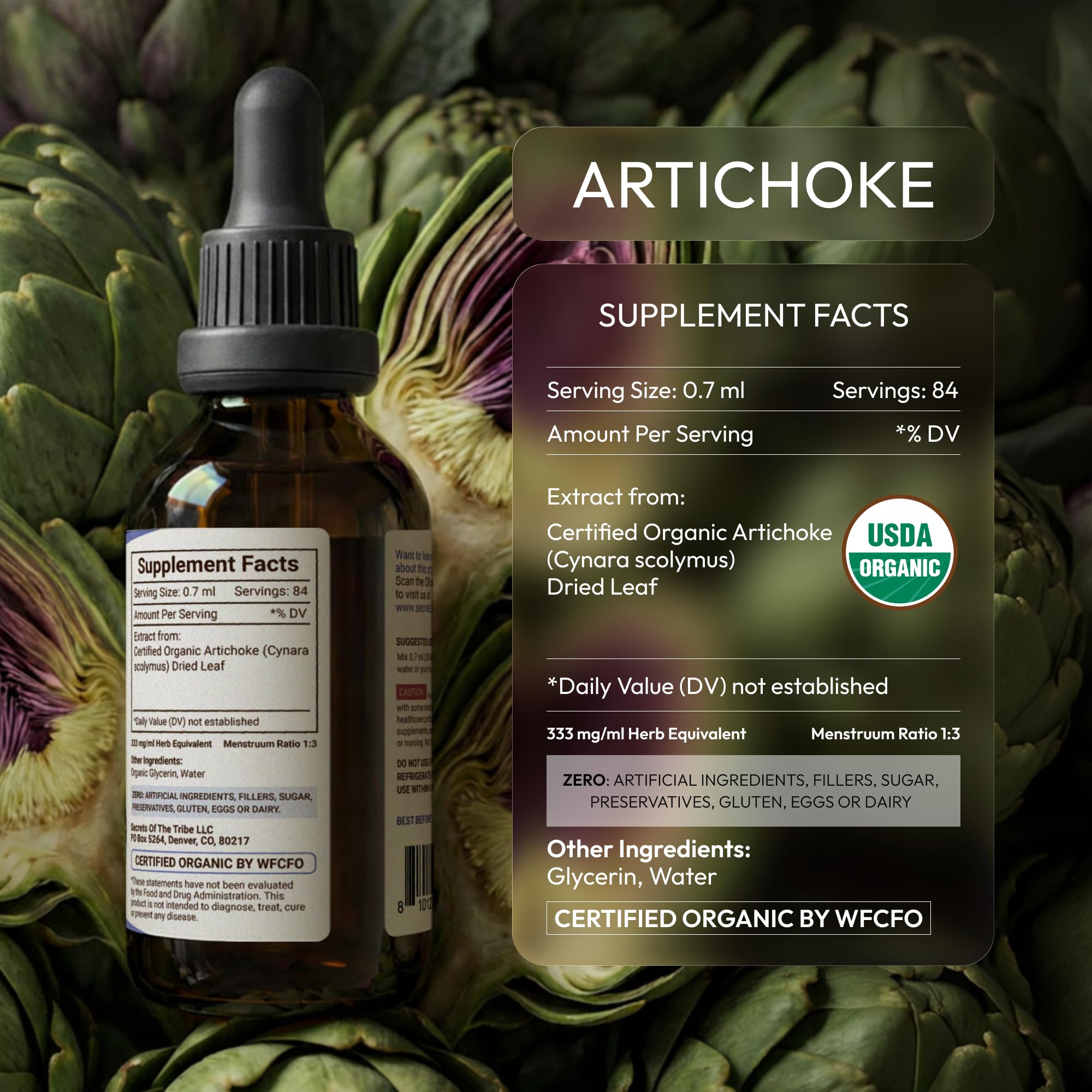 Secrets of the Tribe Organic Artichoke Liquid Extract for Liver Support & Digestive Health | USDA Certified | Antioxidant Herbal Supplement | Alcohol-Free | Cynara scolymus Dried Leaf | Drops 2 fl oz — Amazon image 4