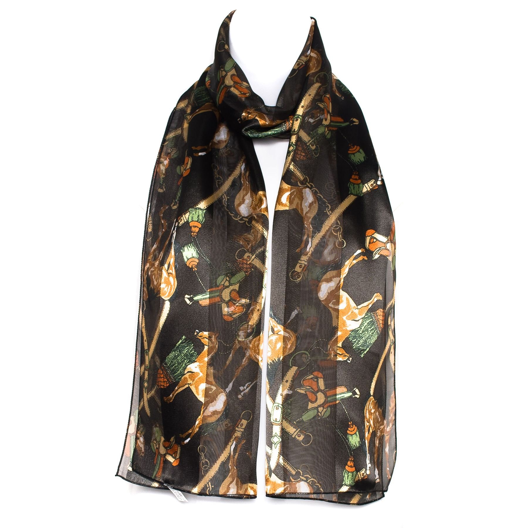 Mytoptrendz Women's Black/ Equestrian Horse Mytoptrendz® Animal Printed Scarf Lightweight Silky Striped Horse, Saddle And Snaffle Print Neck Wrap Equestrian Gift Men And () Western Tack Saddle Print