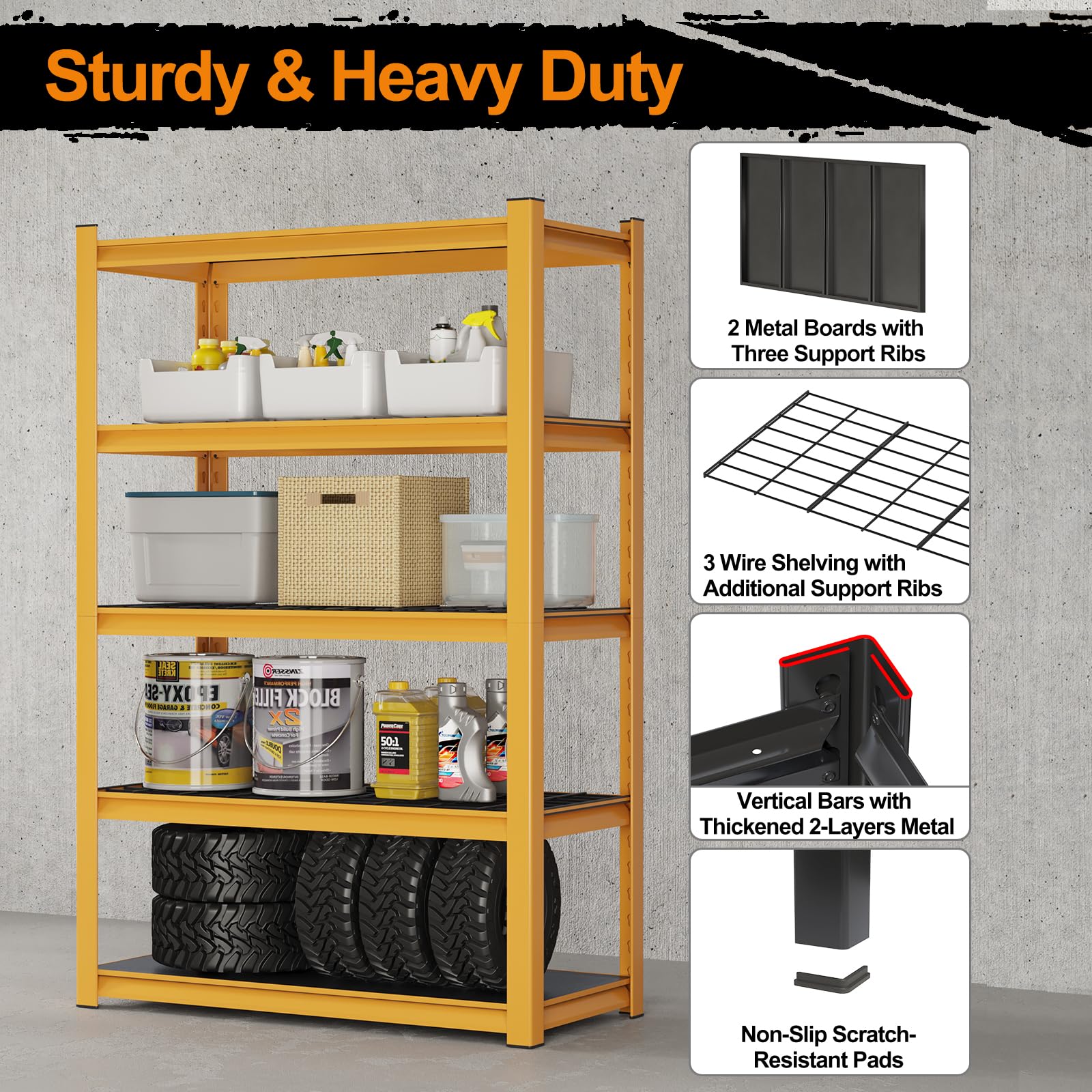 Gadroad 5 Tier Shelving Heavy Duty Storage Shelves Adjustable Garage Utility Shelf Rack Metal Shelving Unit Multipurpose Shelf Warehouse Basement Pantry Shed 16.1D x 35.8W x 72Hâ€™ Yellow