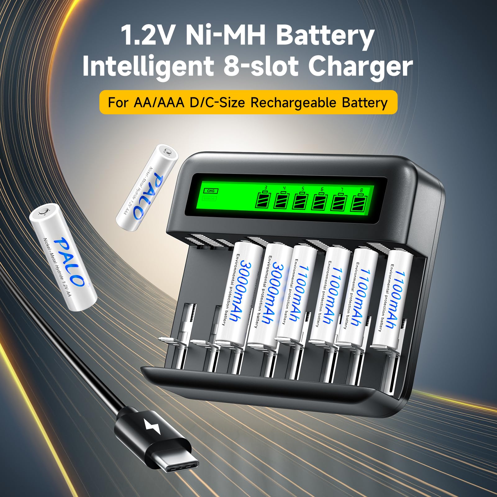 Batería AA NiMH de 1,2 V con cargador, pilas AA recargables 8AA