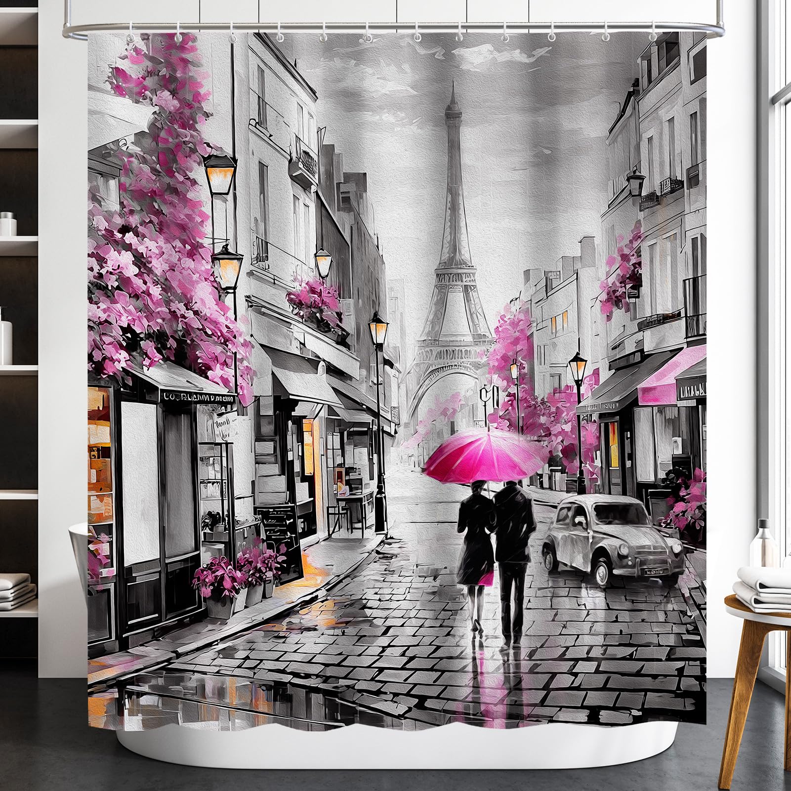Lokigo Paris Eiffel Tower Extra Long Shower Curtains 84 Inch Long Shower Curtain, Modern Lovers Walk On Rainy France Street Pink Romantic Vintage Gray Oil Painting Shower Curtains