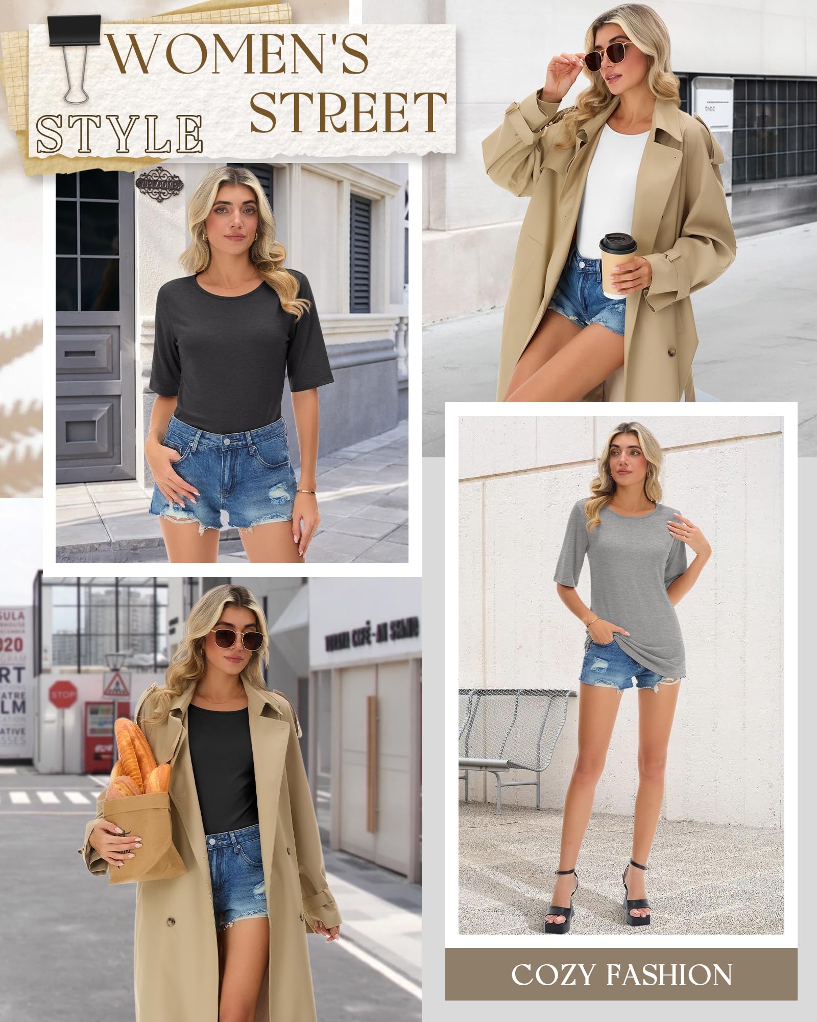 Neer Lot de 4 T-Shirts à Manches Courtes pour Femmes, Longueur Coude, Col Rond, Basiques en Coton, Blouses d'Été