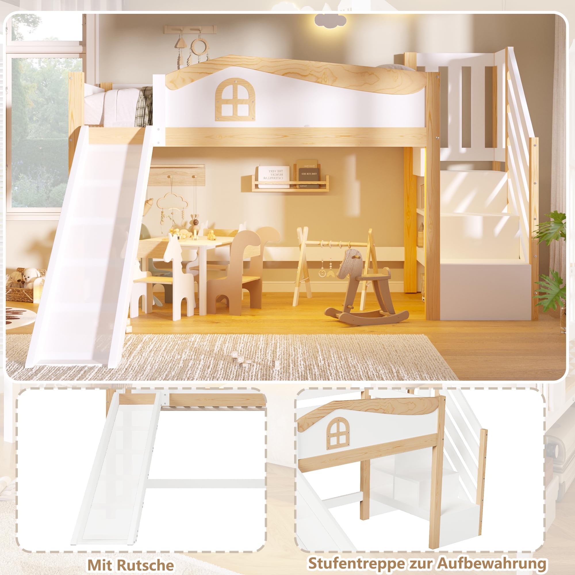 BTM Halbhohes Bett 90x200 Holz Hochbett mit Rutsche, Stauraum Treppe Kinderhochbett mit Rausfallschutz, Weiß + Natur