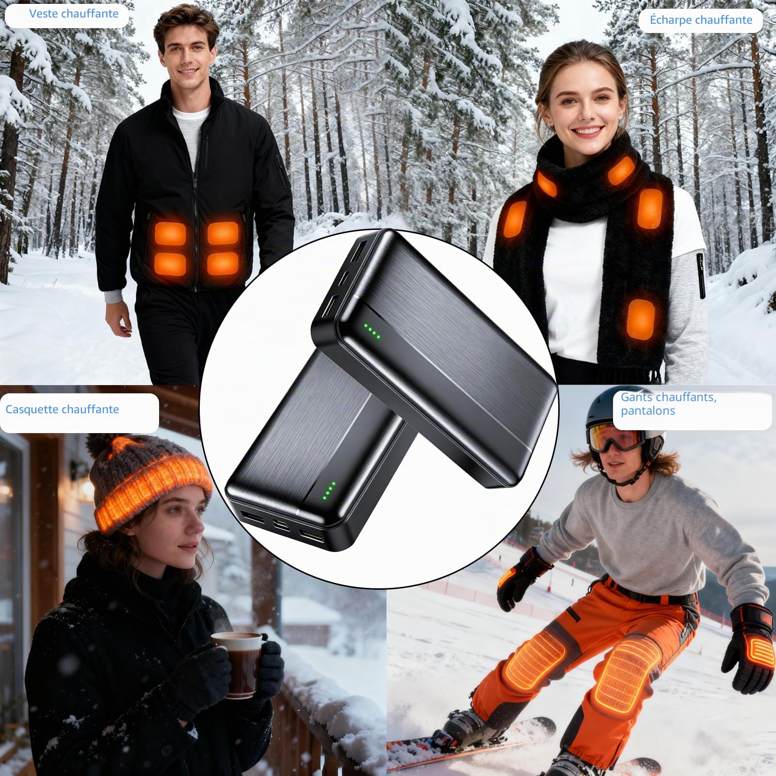 Ahigh Batterie 20 000 mAh, banque d'alimentation 5 V pour gilet, veste, manteau, pantalon et sous-vêtements chauffants, batterie de rechange pour vêtements chauffants