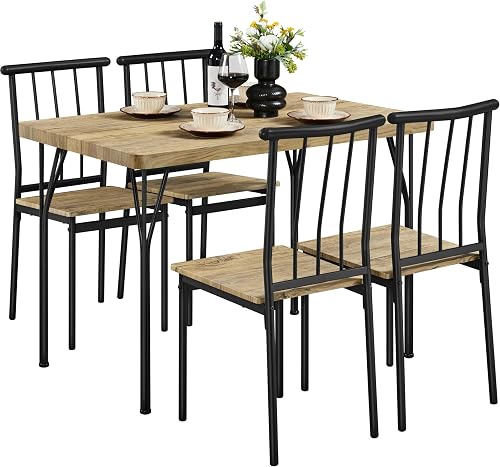 Yaheetech Juego Mesa y 4 Sillas de Comedor Madera y Metal 110X70 cm Marrón | Conjunto Mesa y 4 Sillas de Comedor, Tablero de 4 cm, Sillas Apilables, Estilo Industrial,para Cocina Pequeña, Terraza