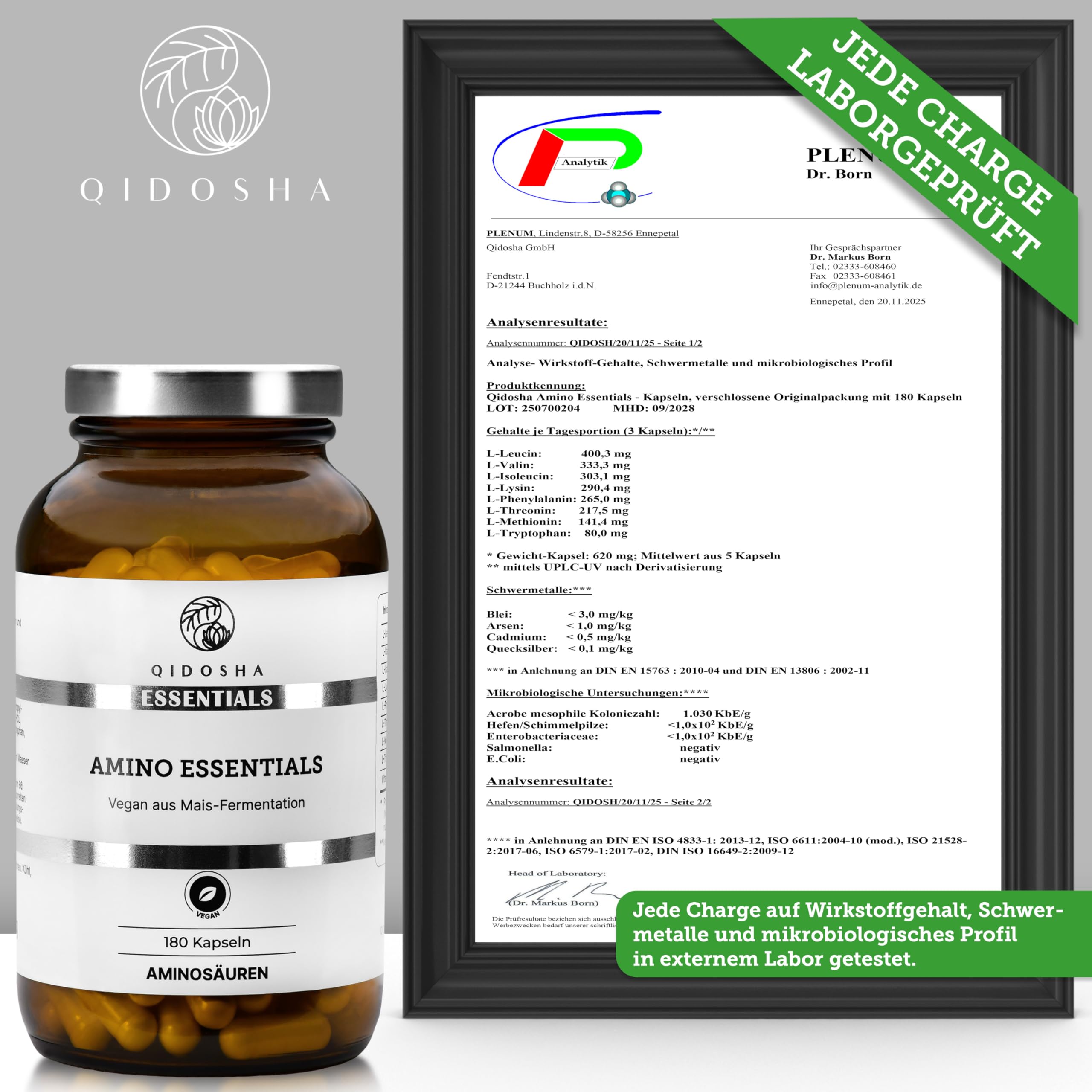 QIDOSHA® Master Aminosäuren Komplex KAPSELN, Rezeptur nach Dr. Moretti, 180 Stk/Glas, mit 99% Netto-Stickstoffverwertung, 8 essenzielle Aminosäuren, 100% vegan, EAA Pattern