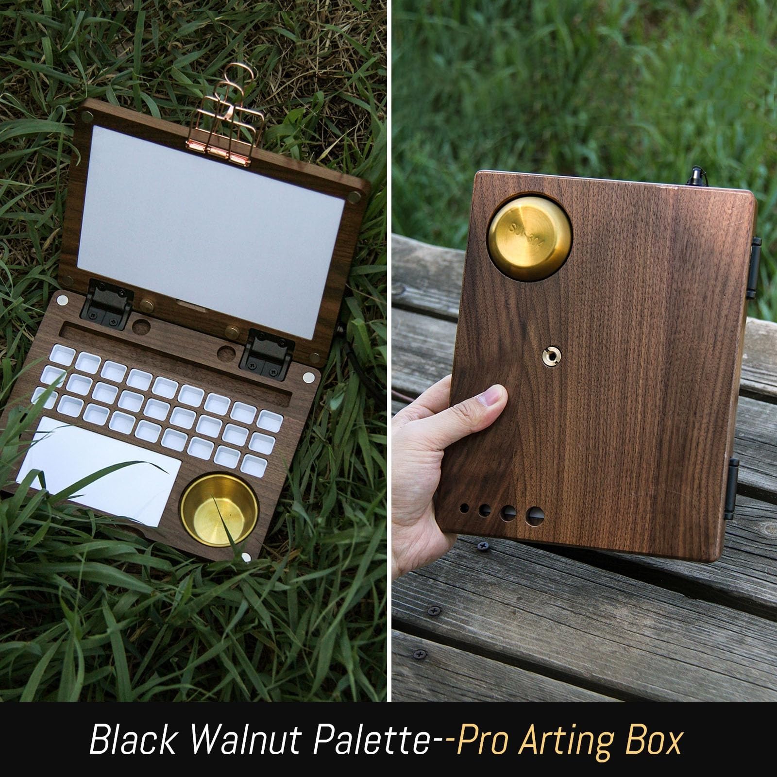 Paleta portátil de acuarela de 27 compartimentos, caja de pintura de viaje de madera de nogal negro con vaso para limpiar pinceles, clips metálicos y correa de mano, caballete de viaje