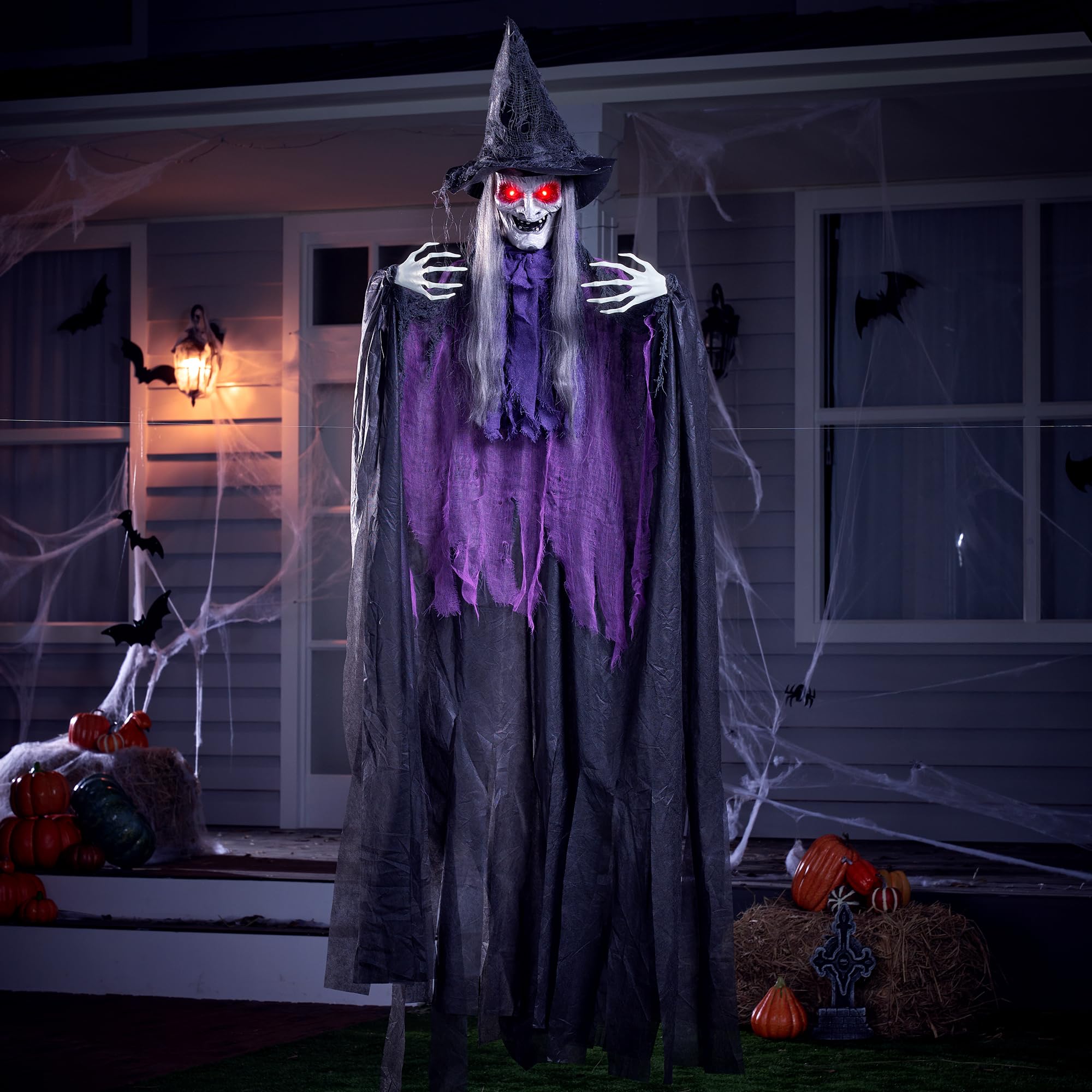 JOYIN 72” Halloween Animated Hanging Talking Witch with Light-up Eyes, Creepy Sound, Sound-Activated Hanging Animatronic Witch for Halloween Indoor Outdoor Decorations, Haunted House Prop Decorations