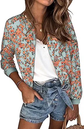 ECOWISH Womens Jackets Lightweight Zip Up Casual Inspired Bomber Jacket Leopard Coat Stand Collar Short Outwear Tops