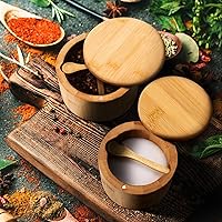 Vista 4 de Cuenco de bambú natural para sal y pimienta, bodega de sal de bambú y caja de almacenamiento de especias con cuchara integrada y tapa giratoria