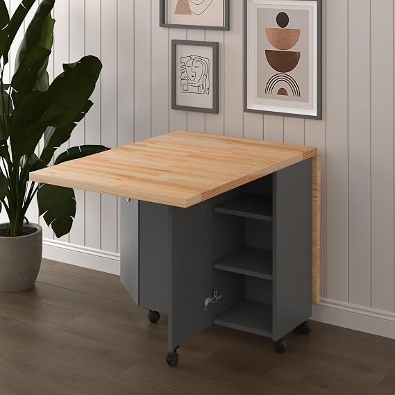 ASRA TREND Koyu Gri - Çam Desen KM-24 Katlanır Tekerlekli Yemek Masası 160 cm 6 Kişilik Çekmeceli Dolaplı Akıllı Mutfak Masası%100 MDFLAM