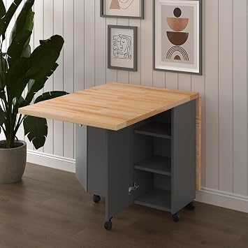ASRA TREND Koyu Gri - Çam Desen KM-24 Katlanır Tekerlekli Yemek Masası 160 cm 6 Kişilik Çekmeceli Dolaplı Akıllı Mutfak Masası%100 MDFLAM