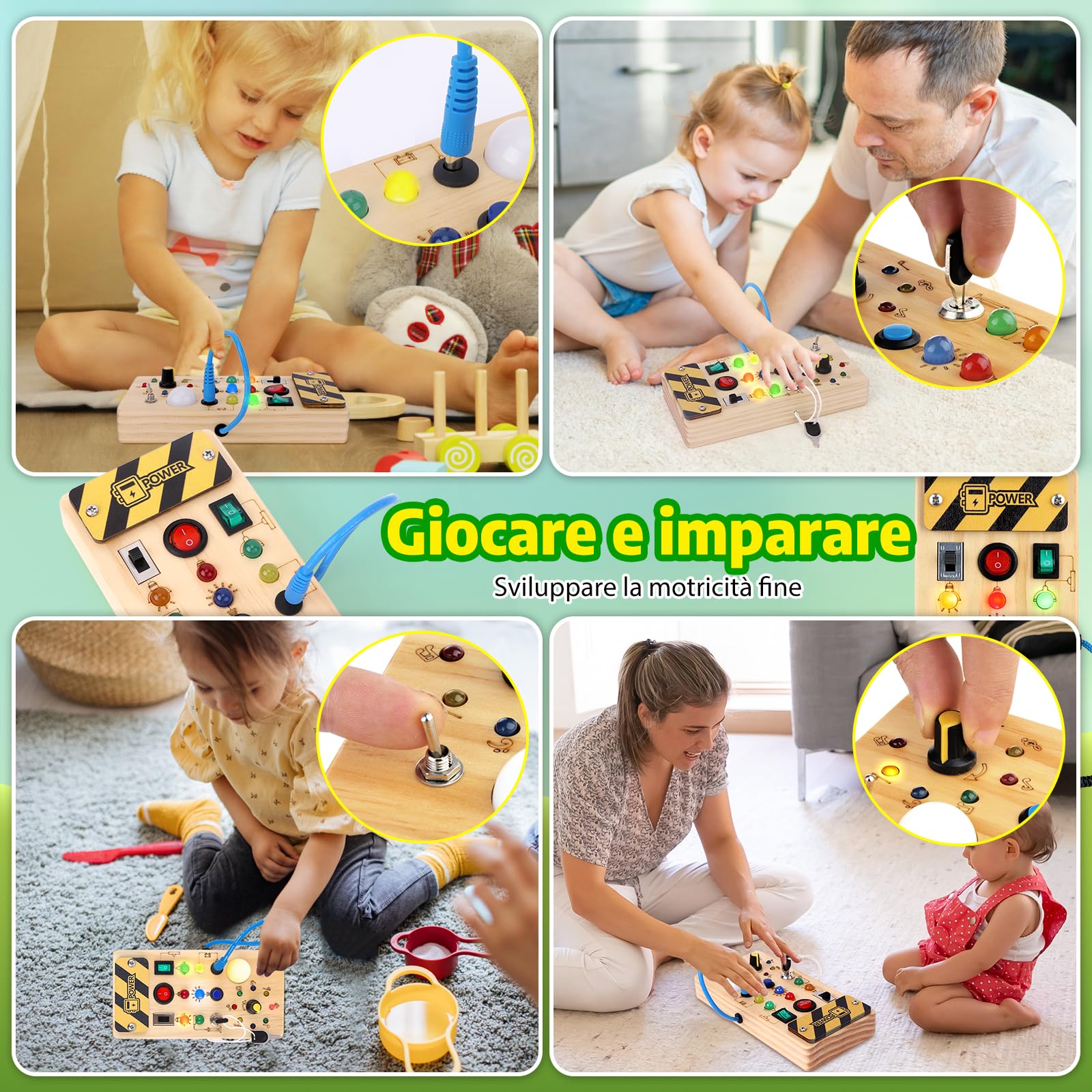Giochi Bambini 1 Anno Montessori Busy Board Gioco Bambino Regalo Bambino 1 2 3 Anni Lavagna Montessori Sensoriale con Interruttore Luminoso a LED in Legno attività Educative Giocattoli da Viaggio