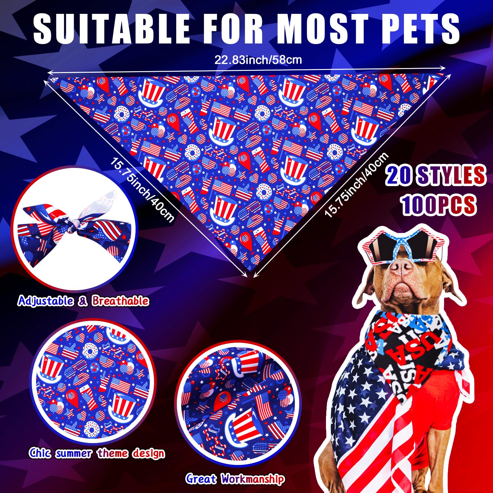 Lot de 100 bandanas réglables pour chien du 4 juillet pour le jour de l'indépendance pour chien de petite et moyenne taille