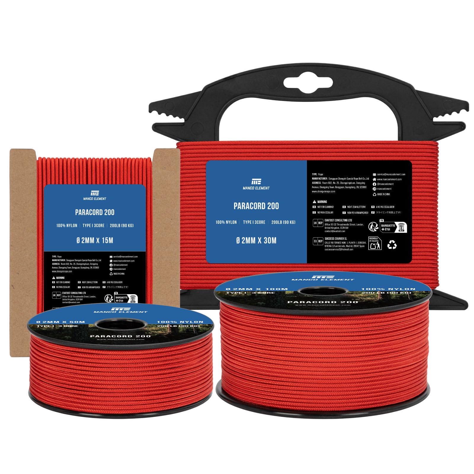 Manco Element Paracord 2mm 15m 3 Strands Type I Red | 100% Nylon Parachute Cord Rope | 90KG Load Capacity - Ideal for DIY, Crafting, Outdoor, Camping