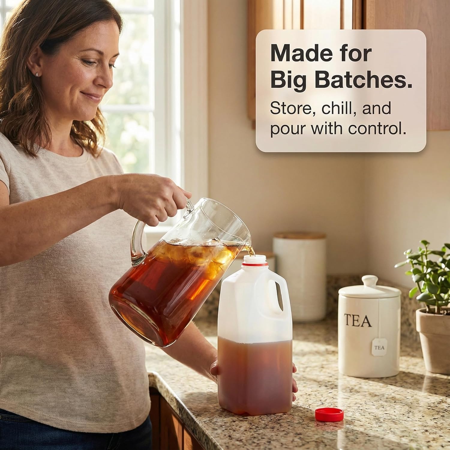 KitchenDine Plastic Milk Bottles, 64 Oz HDPE Material, Juice Bottle with Red Tamper-Evident Caps, Set of 3, Clear bottle with Red cover - half gallon jug