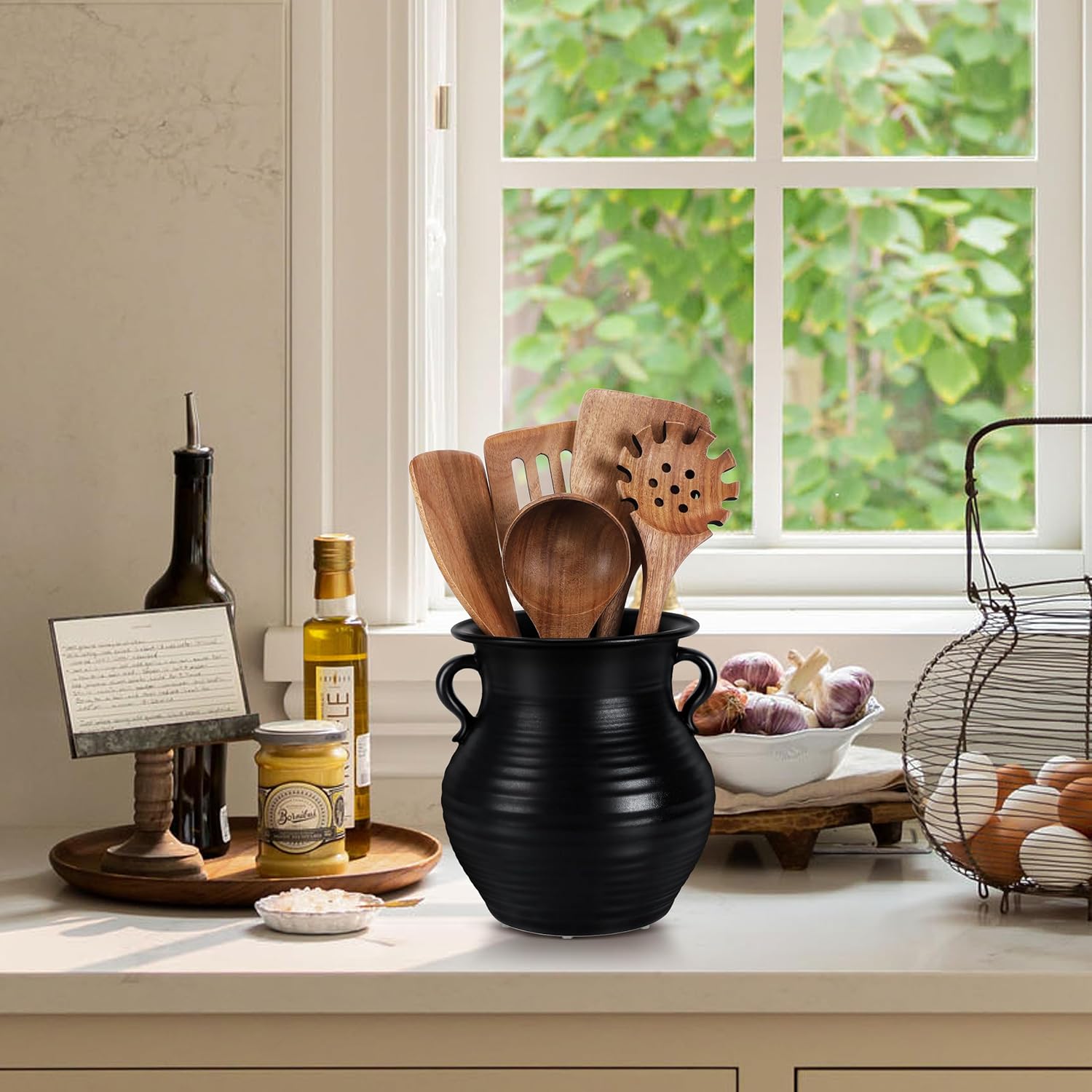 2026 Upgraded Vintage Kitchen Utensil Holder - 7.3 Inch Retro Ceramic Utensil Crock for Countertop, Rustic Kitchen Counter Decor(Matte Black)