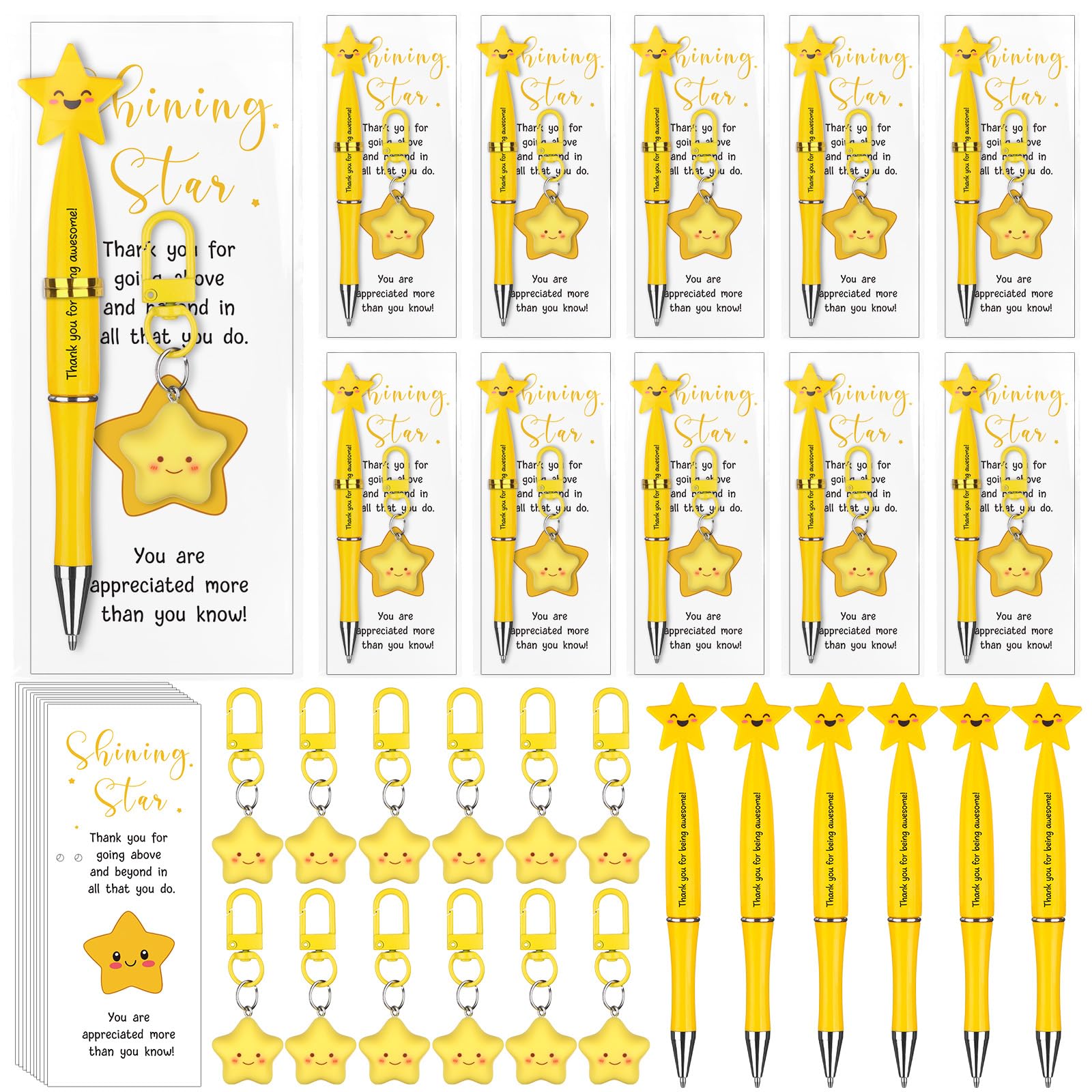 WWmily 36 Pcs Employee Appreciation Gifts Employee of the Month Recognition Favors 12 Sets Inspirational Star Ballpoint Pens Small Yellow Fat Star Keychains Thank You Cards for Coworker Teacher