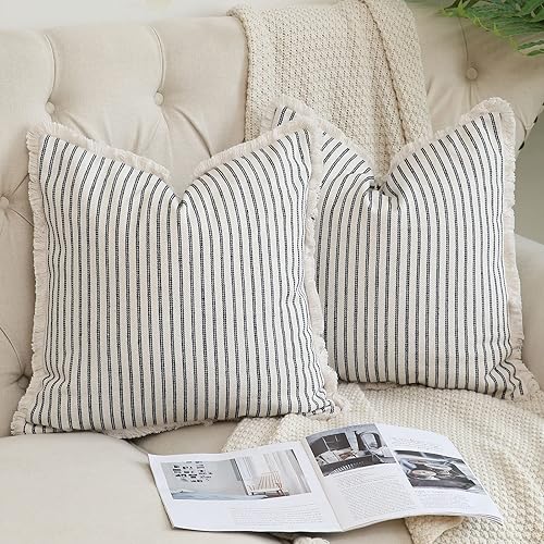 Hckot Juego de 2 fundas de almohada de 18 x 18 pulgadas, a rayas con flecos, de algodón, decorativas, cuadradas, para sofá, cama, sala de estar,