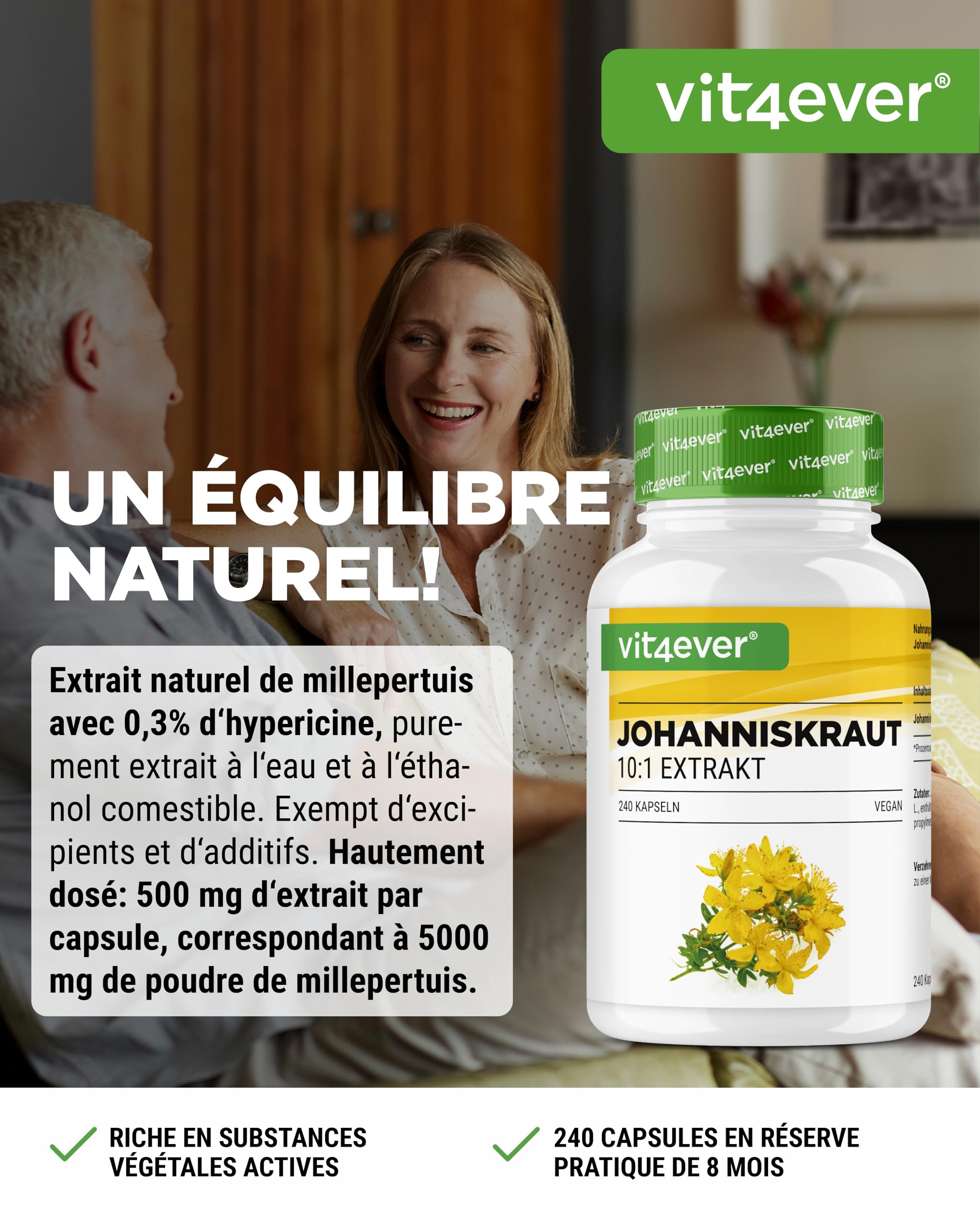 Millepertuis -240 capsules avec 500 mg d'Extrait fabriqué à partir de 5000 mg de Millepertuis pur - Extrait Naturel 10:1 - Hautement Dosé - Vegan