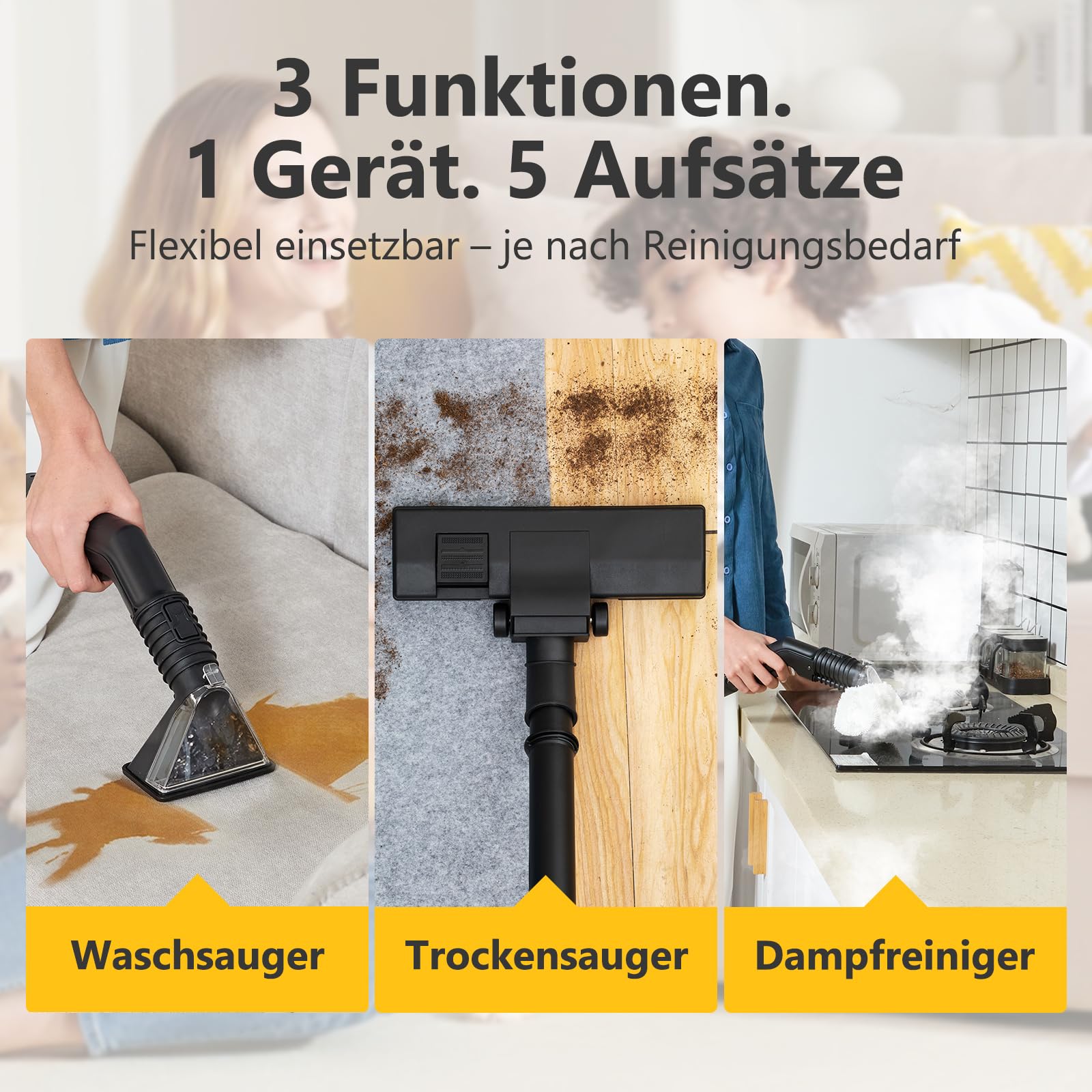 DY-510AC Waschsauger mit Dampffunktion, 20.000 Pa Saugkraft, 100 °C Dampf, 1,5 L/3 L Wassertanks, Selbstreinigungssystem, 5 Aufsätze für Polster, Auto, Teppich und Böden