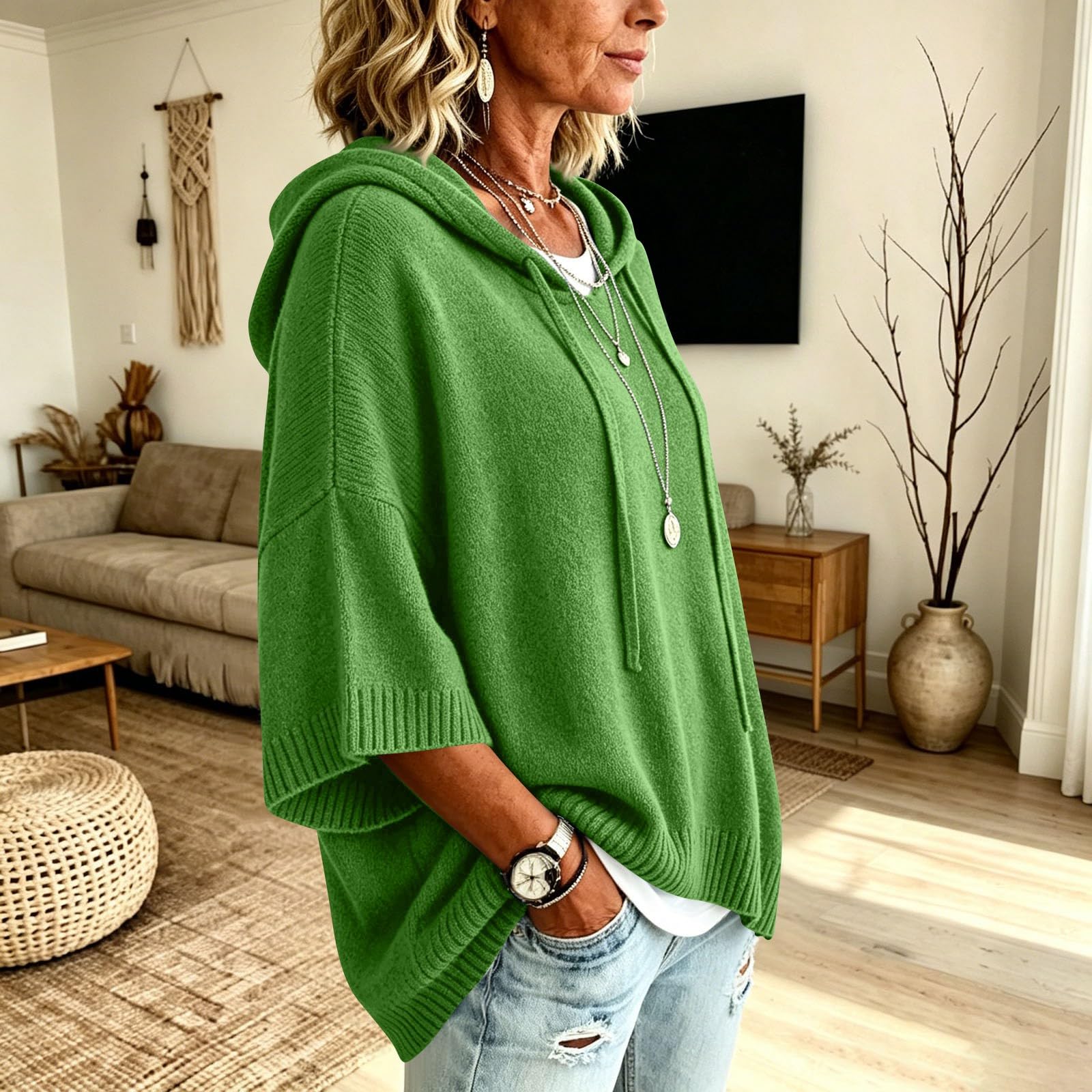 Strickpullover Damen 3/4 Arm Elegant Weichem Herbst Oversize Hoodie