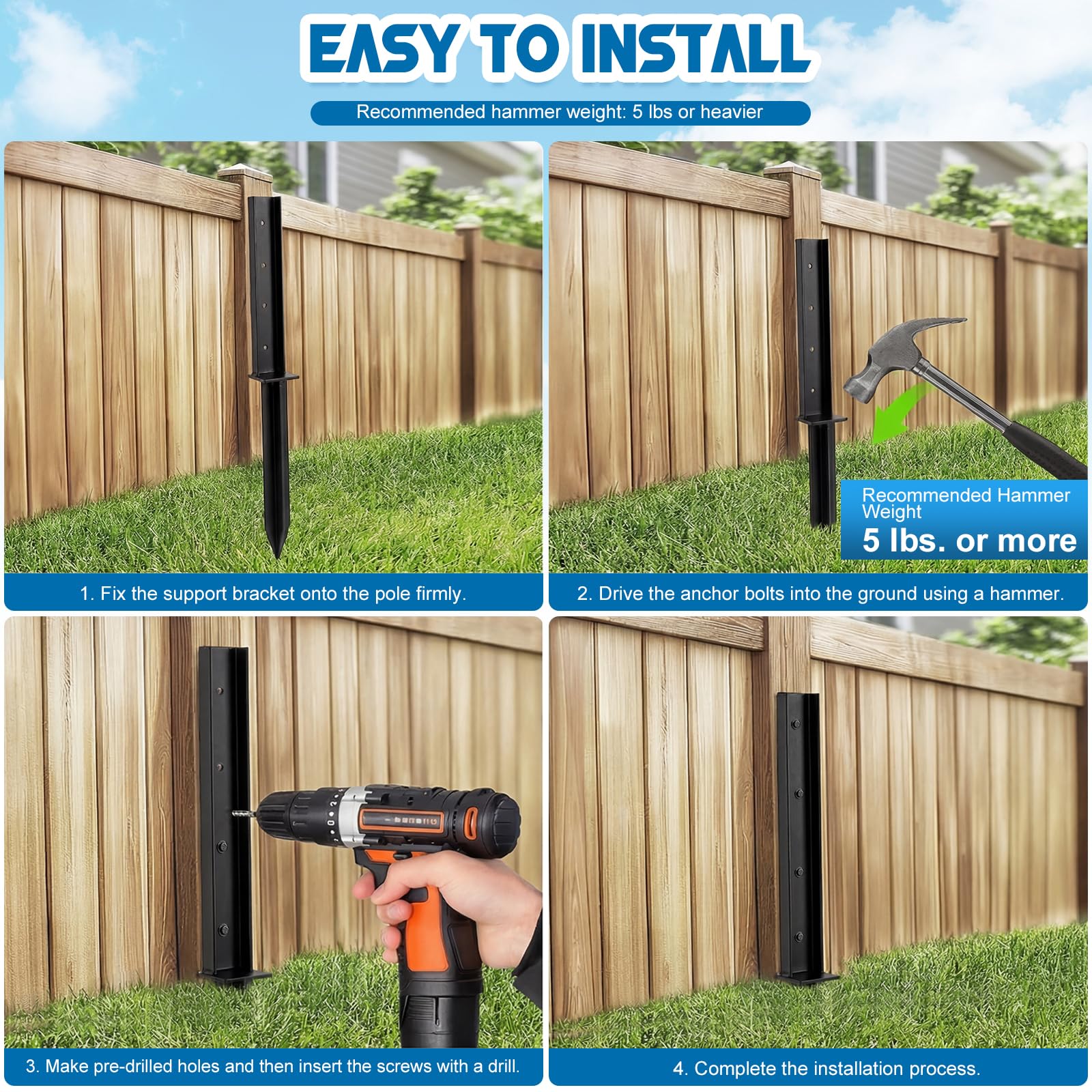 Kit Reparación Postes Valla 4 Piezas | Anclajes Acero Heavy Duty 81cm para Postes Madera | Repara Postes Torcidos, Sueltos y Podridos Sin Sustitución | Incluye Tornillos y Broca