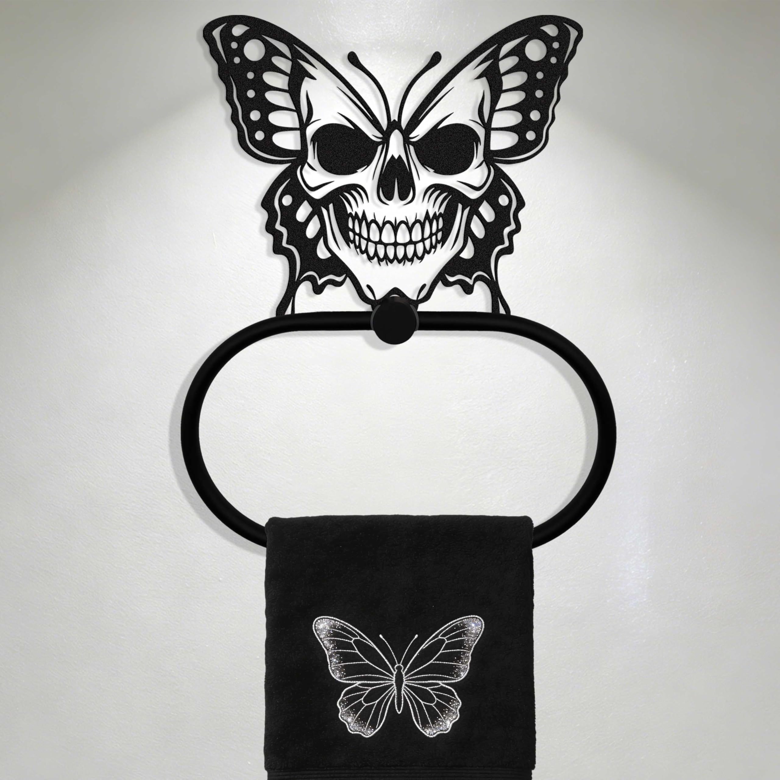 LumDecor Black Metal Gothic Skull Butterfly Towel Ring, Goth Witchy Skeleton Wall Hand Towels Holder, Gothic Bathroom & Kitchen Accessories, Wall Hanging Towel Rack Home Decor Gift Indoor Outdoor