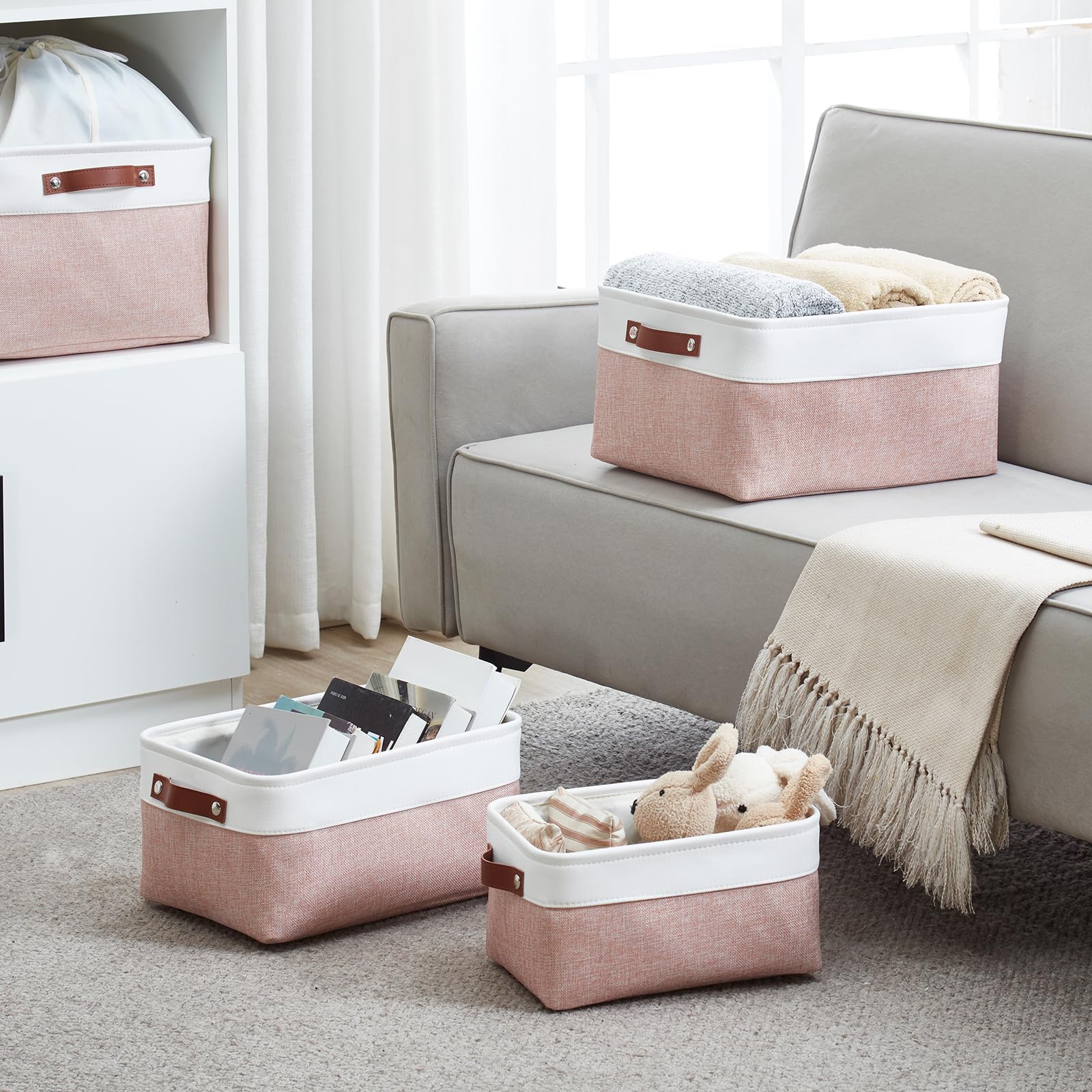 Mangata Scatole Portaoggetti Rettangolari in Tessuto, Varie Dimensioni, Cestini Contenitori per Scaffali, Guardaroba, Giocattoli e Vestiti, 41 x 31 x 18 cm, Rosa e Bianco (Grande, Confezione da 3)