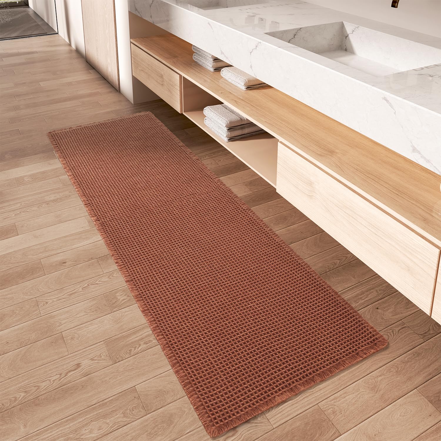 Upgraded Waffle Runner Rug Super Absorbent Non Slip Bath Mats for Bathroom Machine Washable Bathroom Runner Rug with Tassels, Ideal for Hallway