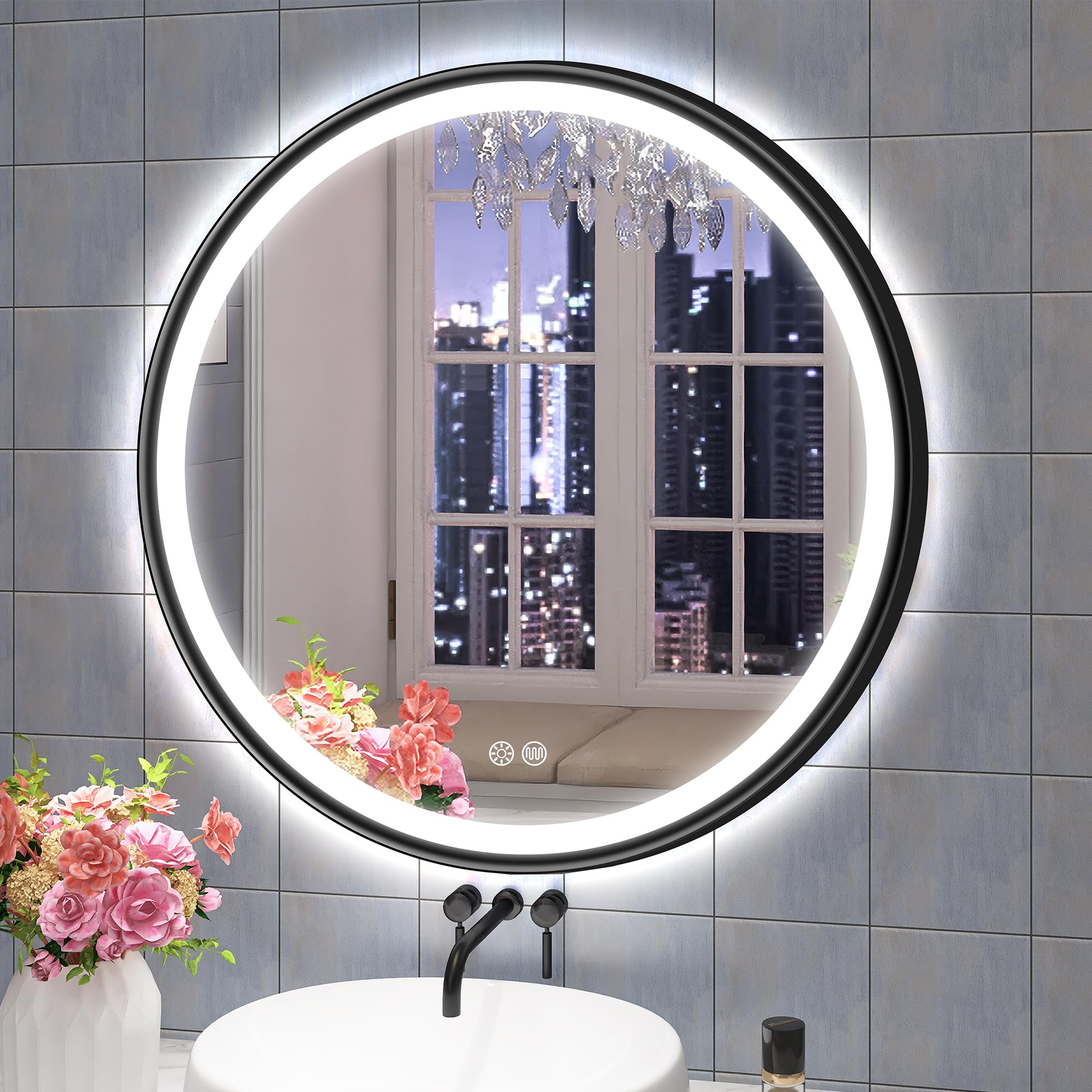 S'bagno Espejo Baño con Luz Redondo 600 mm, Espejos de Baño con Led con Marco de Aluminio, Anti-Vaho, 3000-6500K, Vidrio Templado HD, IP44 Espejo Led Baño Función de Memoria, Negro
