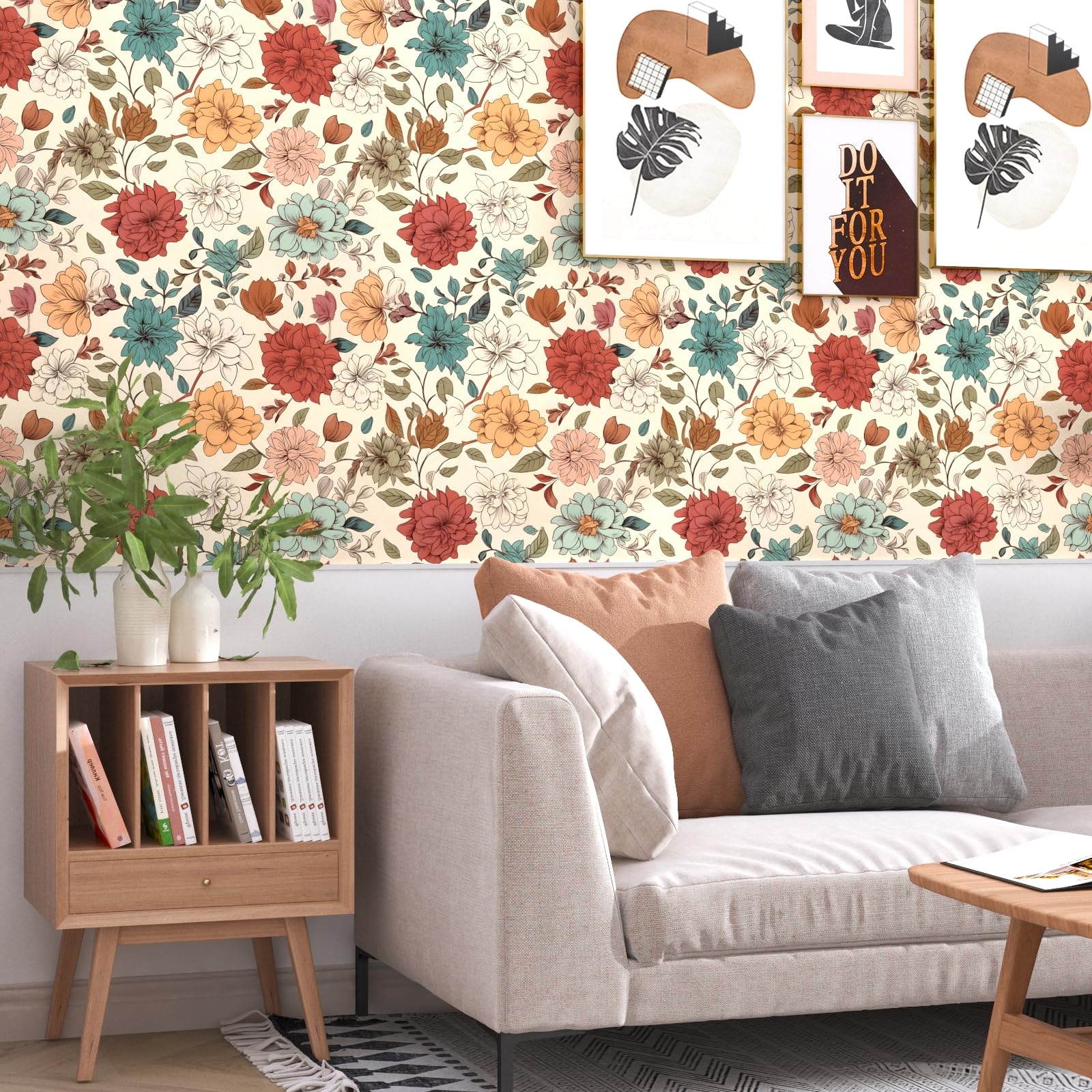 VOLEAAR Yellow Floral Contact Paper Boho Peel and Stick Wallpaper for Tabletop Cabinet Kitchen Living Room Walls Removable Waterproof 44.5CM x 300CM - Image 2